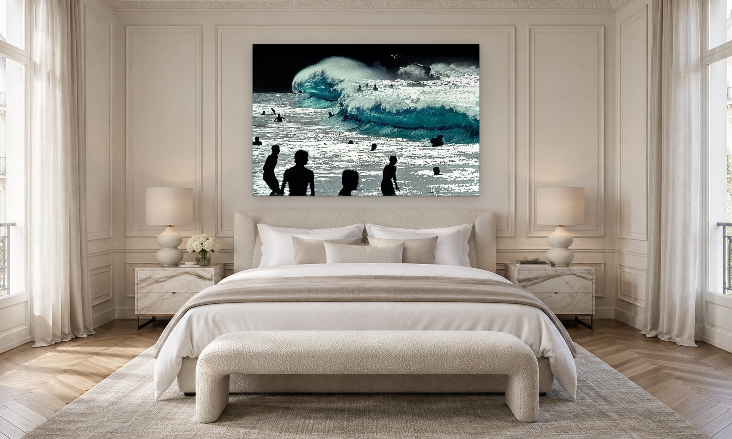 Waimea Silhouettes by Aaron Chang, shown in a Parisian bedroom