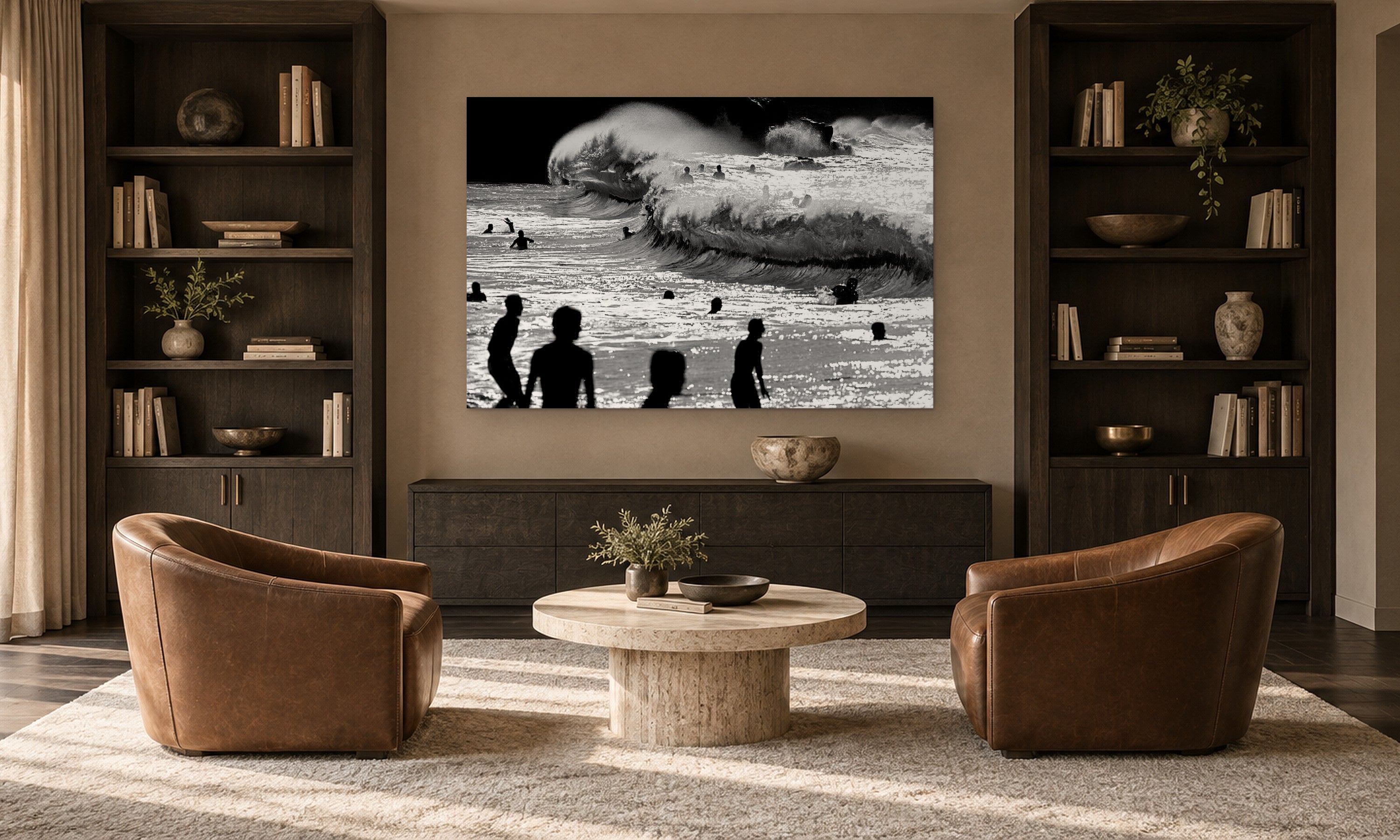 Waimea Silhouettes B&W by Aaron Chang, shown in a library