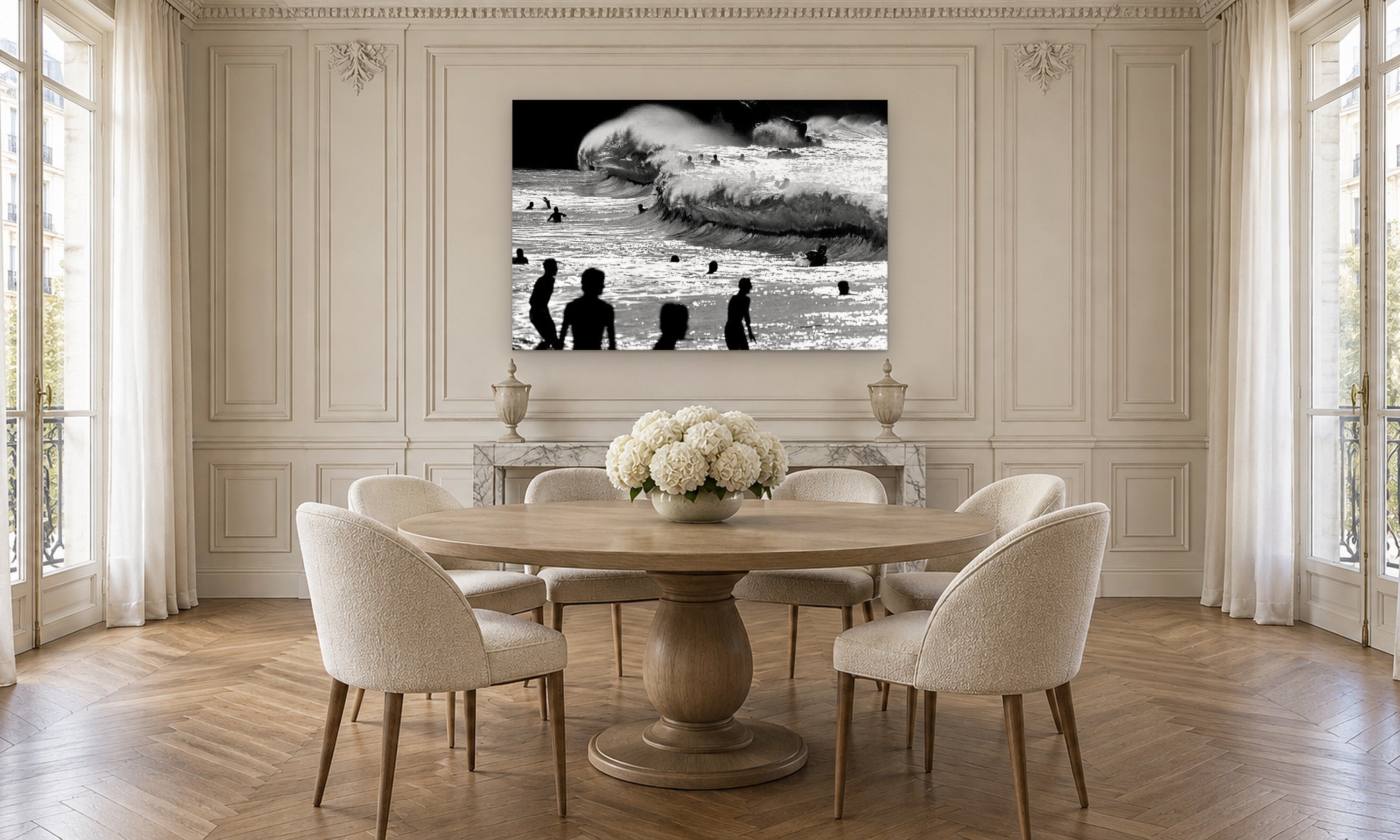 Waimea Silhouettes B&W by Aaron Chang, shown in a Parisian dining room