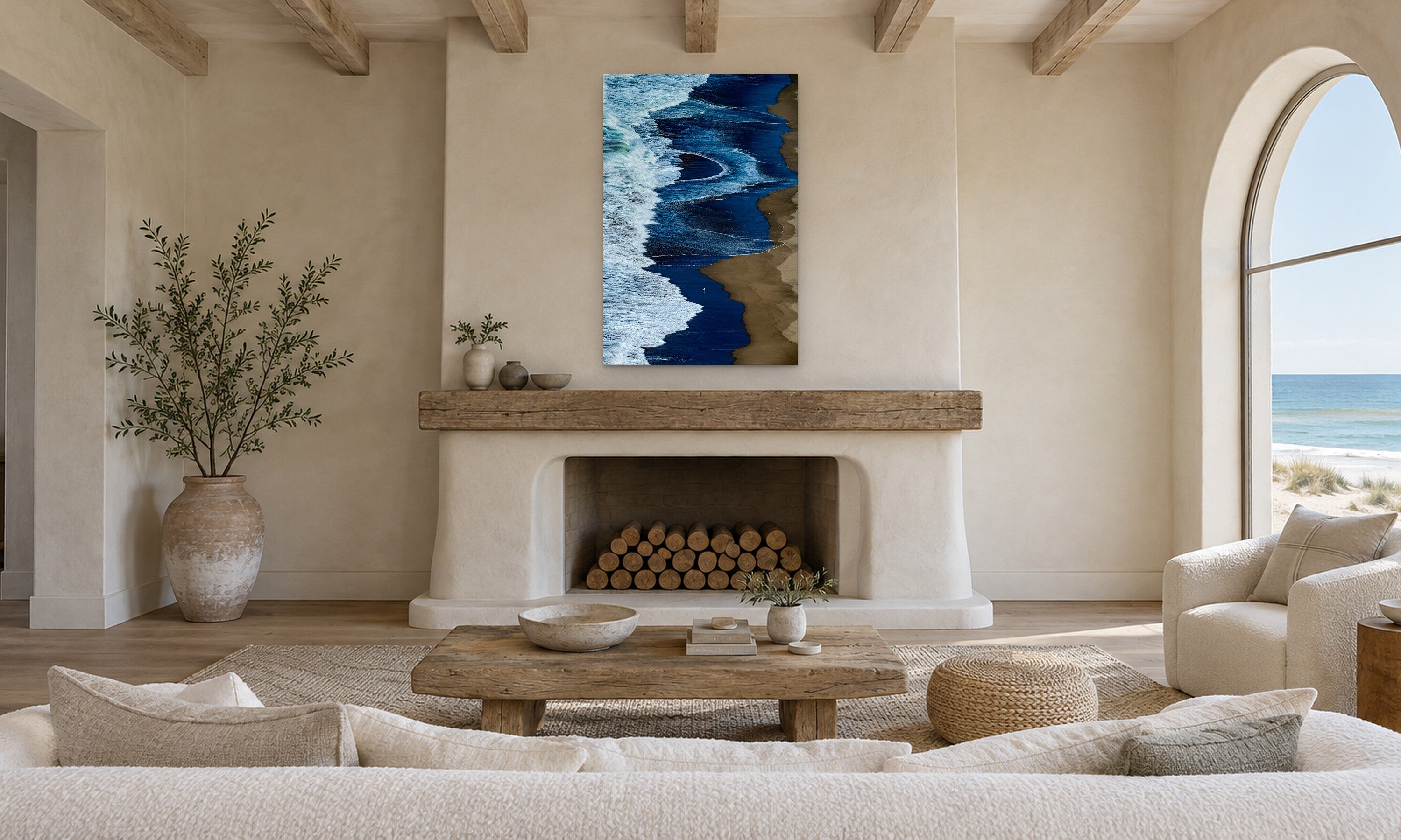 Wild Coast by Aaron Chang, shown in a beamed living room with a fireplace