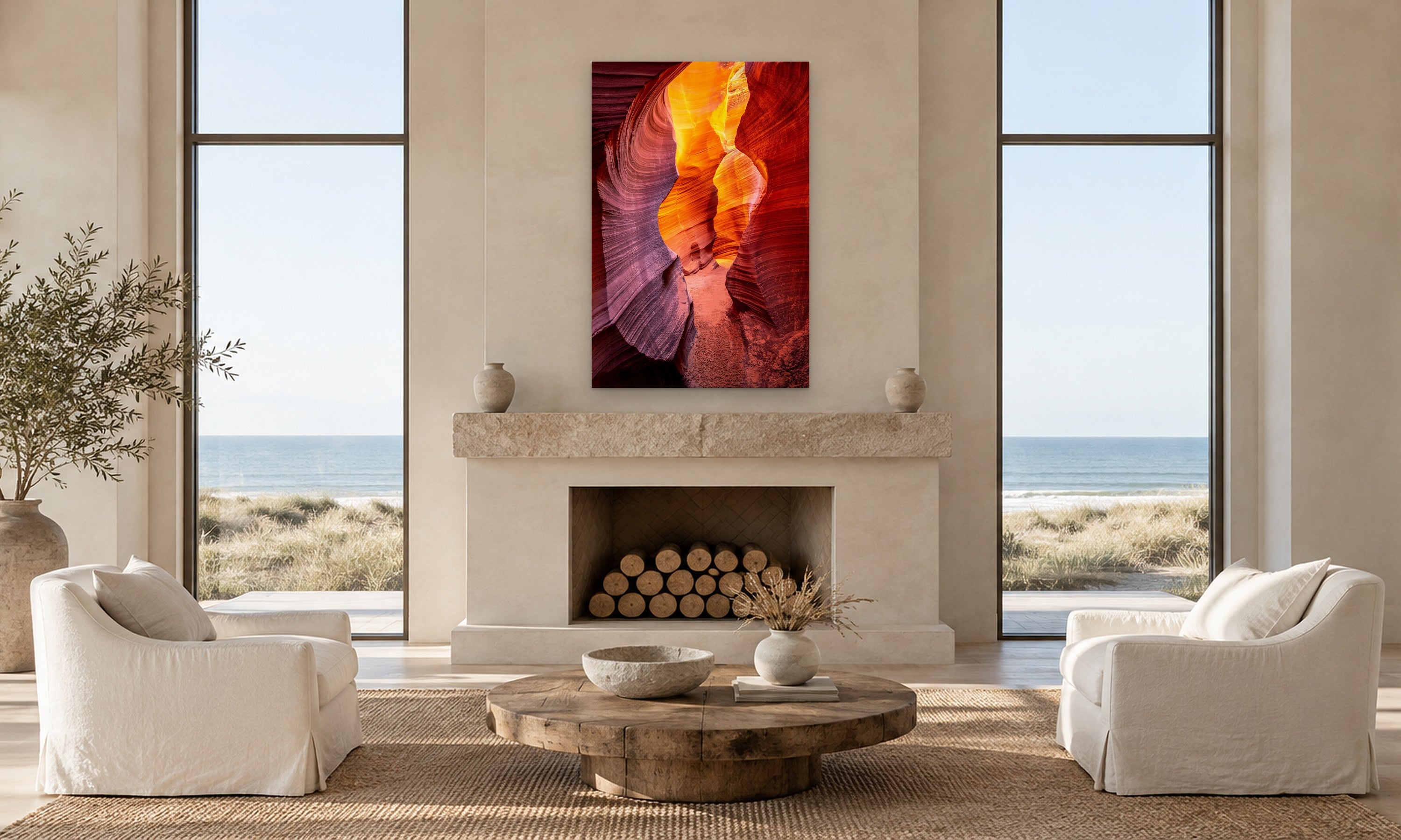 Rattlesnake Canyon by Aaron Chang, shown in a beach-house living room with a fireplace