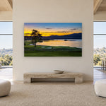 18th Hole Sunrise by Aaron Chang, shown in a gallery loft