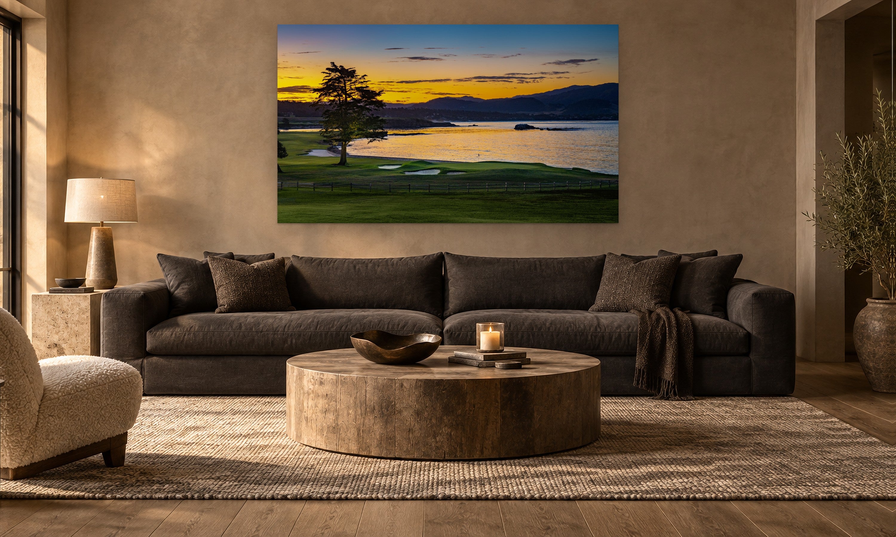 18th Hole Sunrise by Aaron Chang, shown in a warm modern living room
