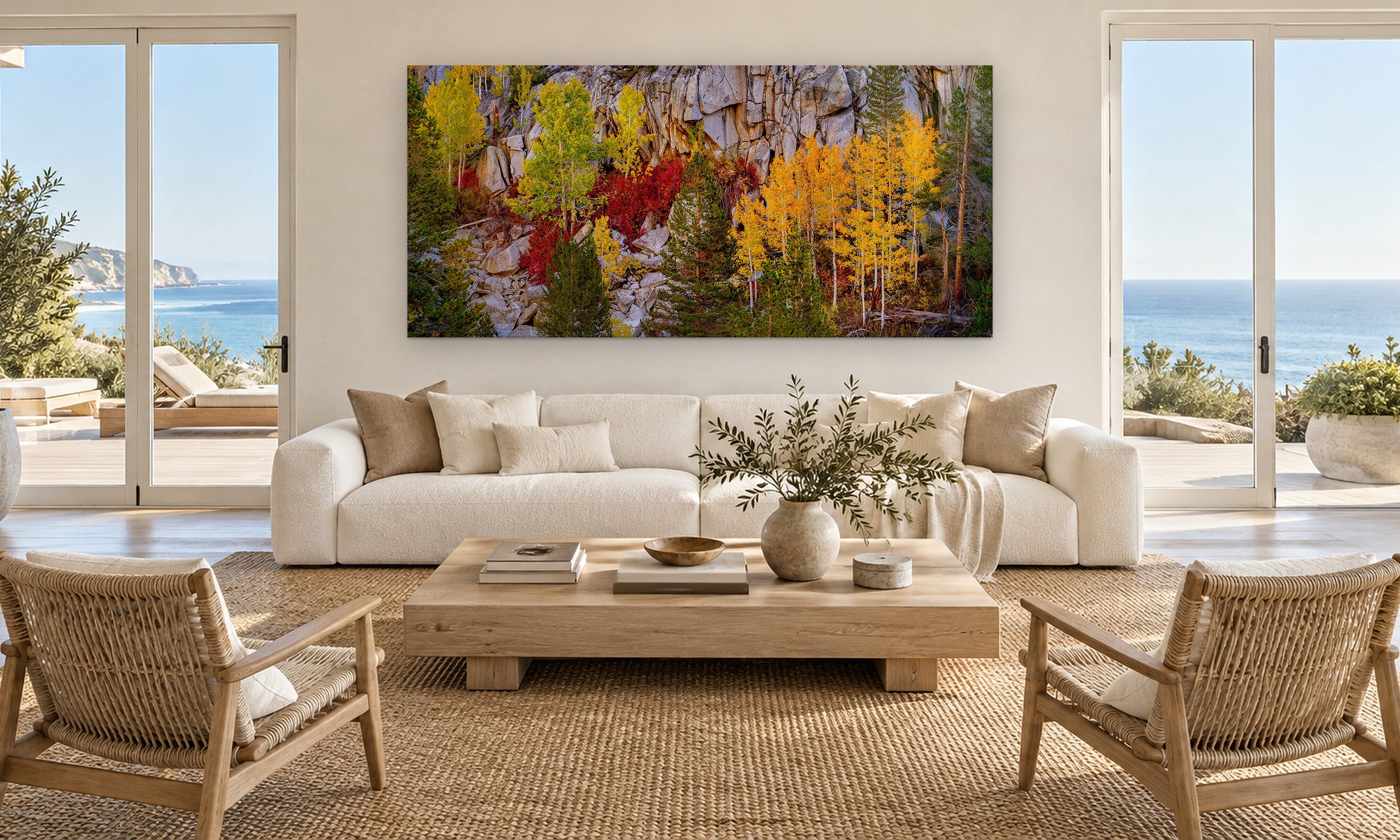 Autumn Mosaic by Aaron Chang, shown in an ocean-view great room