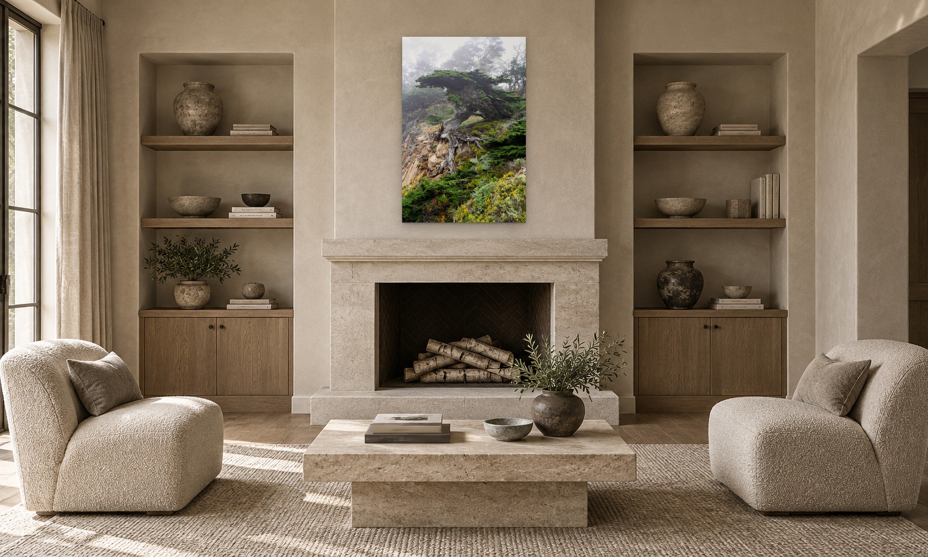 Awakening by Aaron Chang, shown in a living room with a stone fireplace