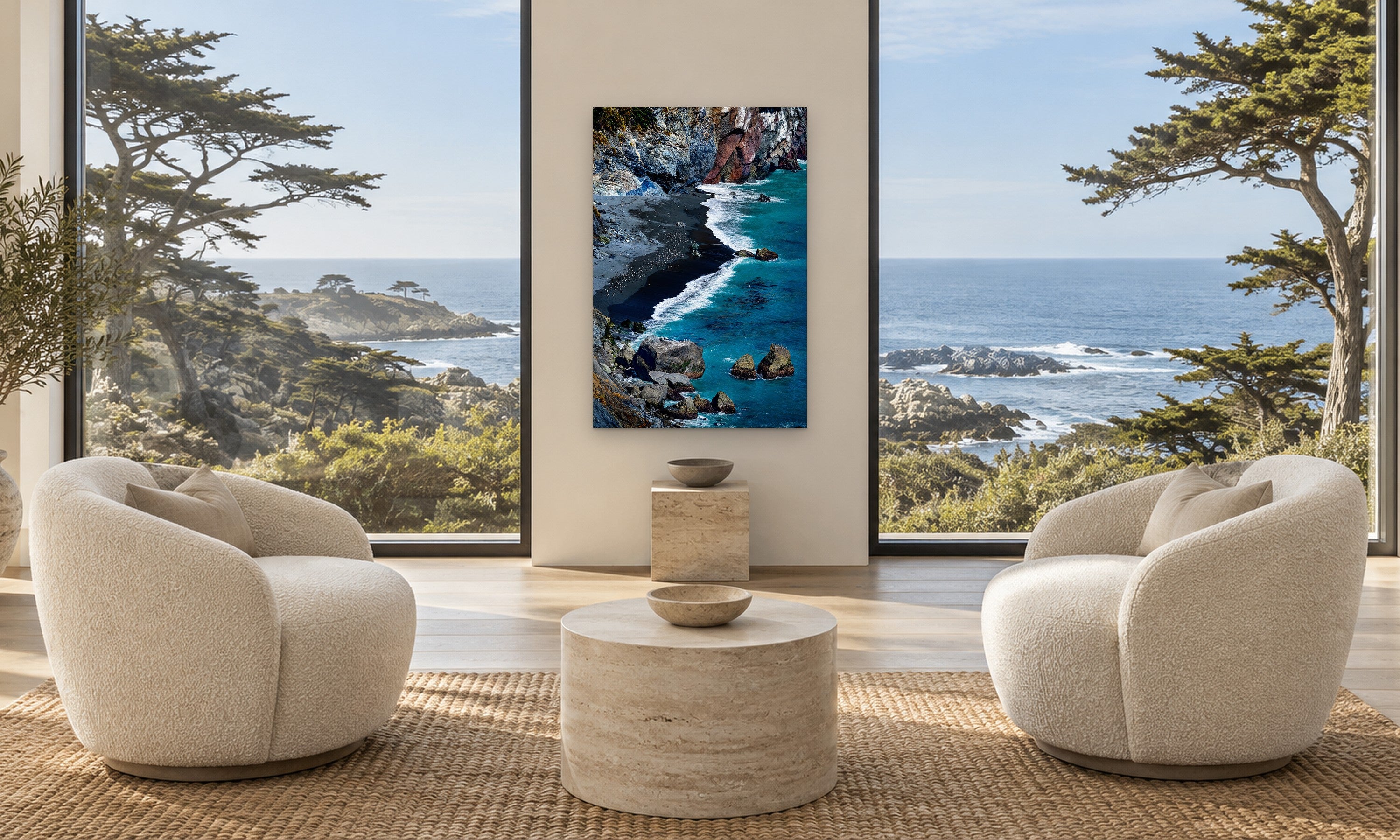 Big Sur Lucia Coast by Aaron Chang, shown in a living room with ocean windows
