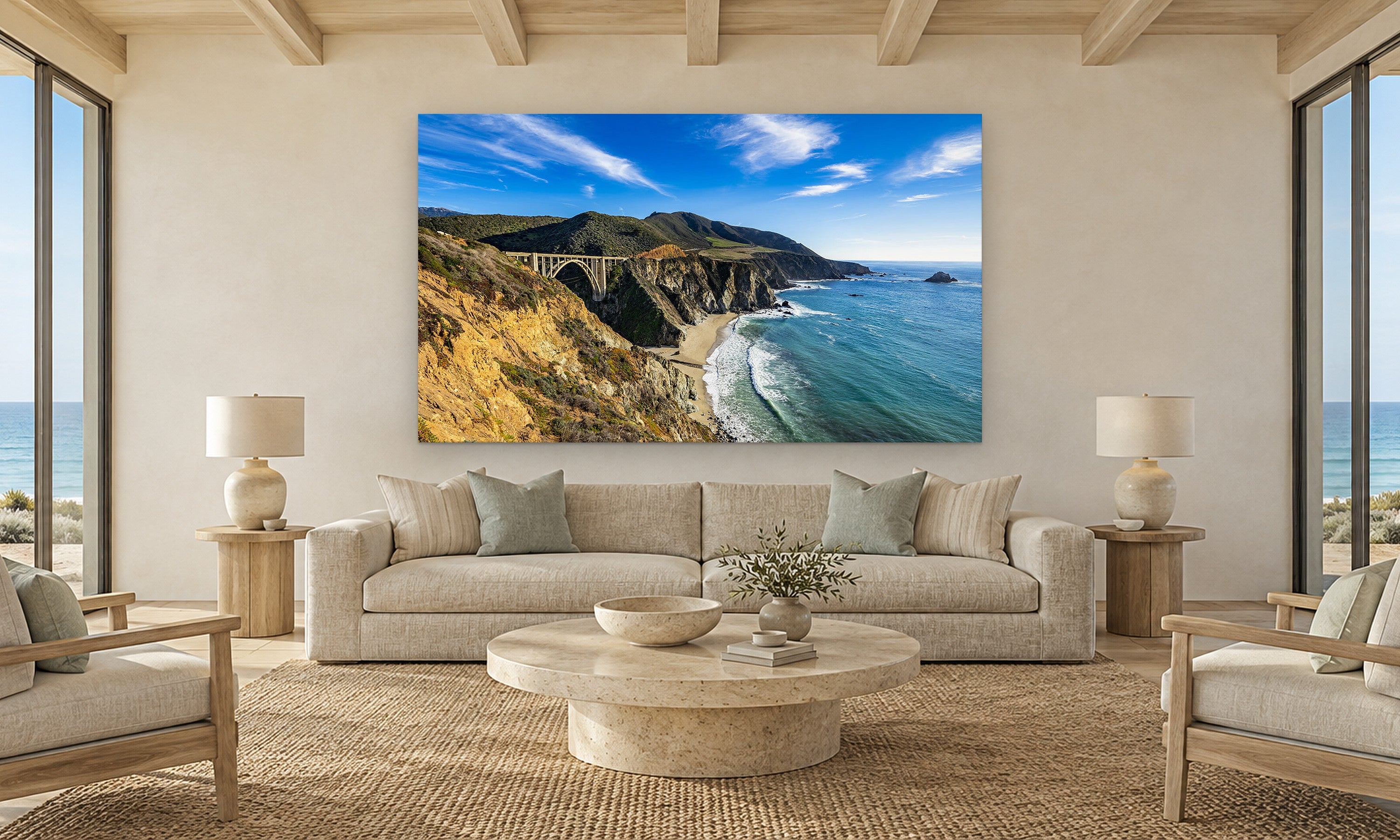 Bixby Bridge by Aaron Chang, shown in a coastal living room