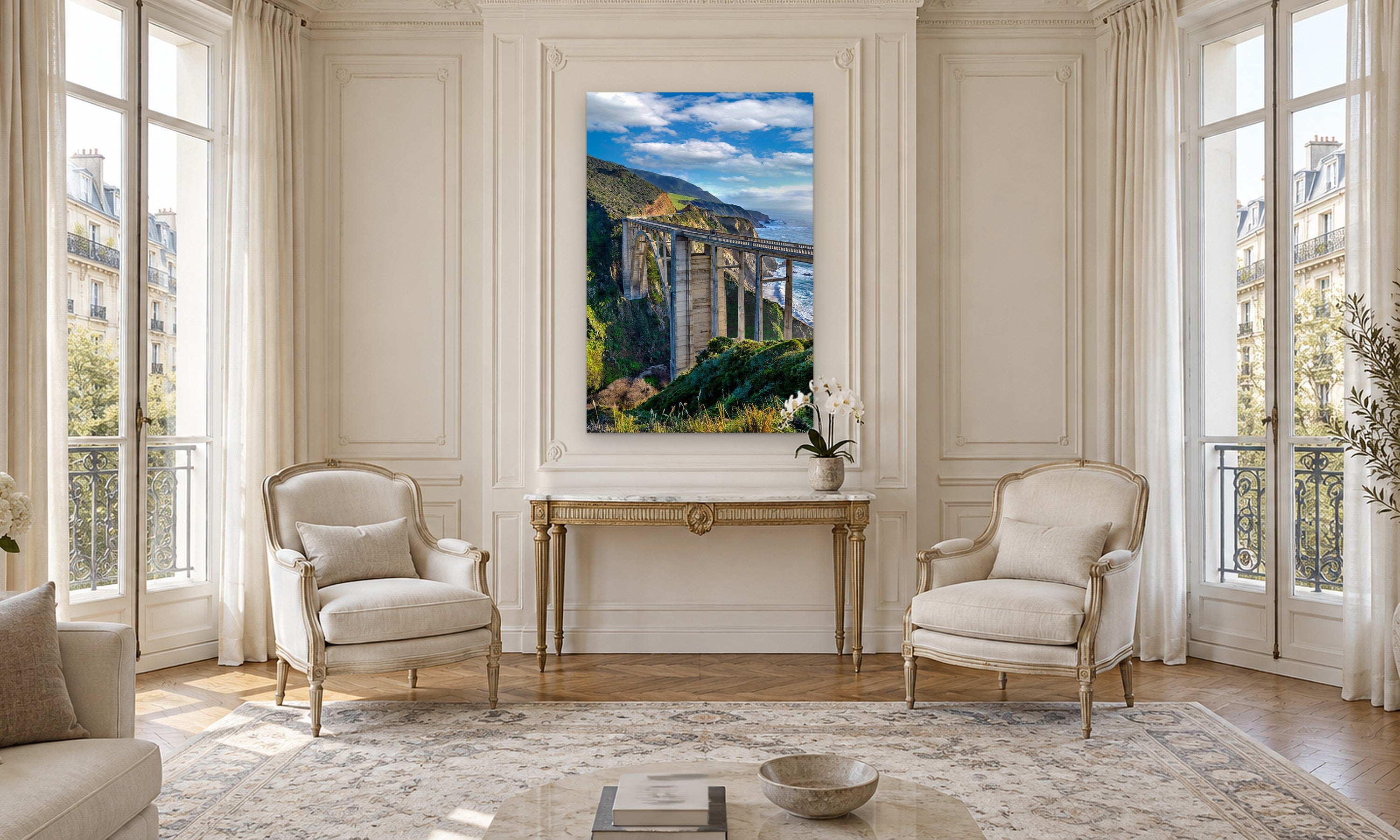 Bixby Bridge Vertical by Aaron Chang, shown in a Parisian salon