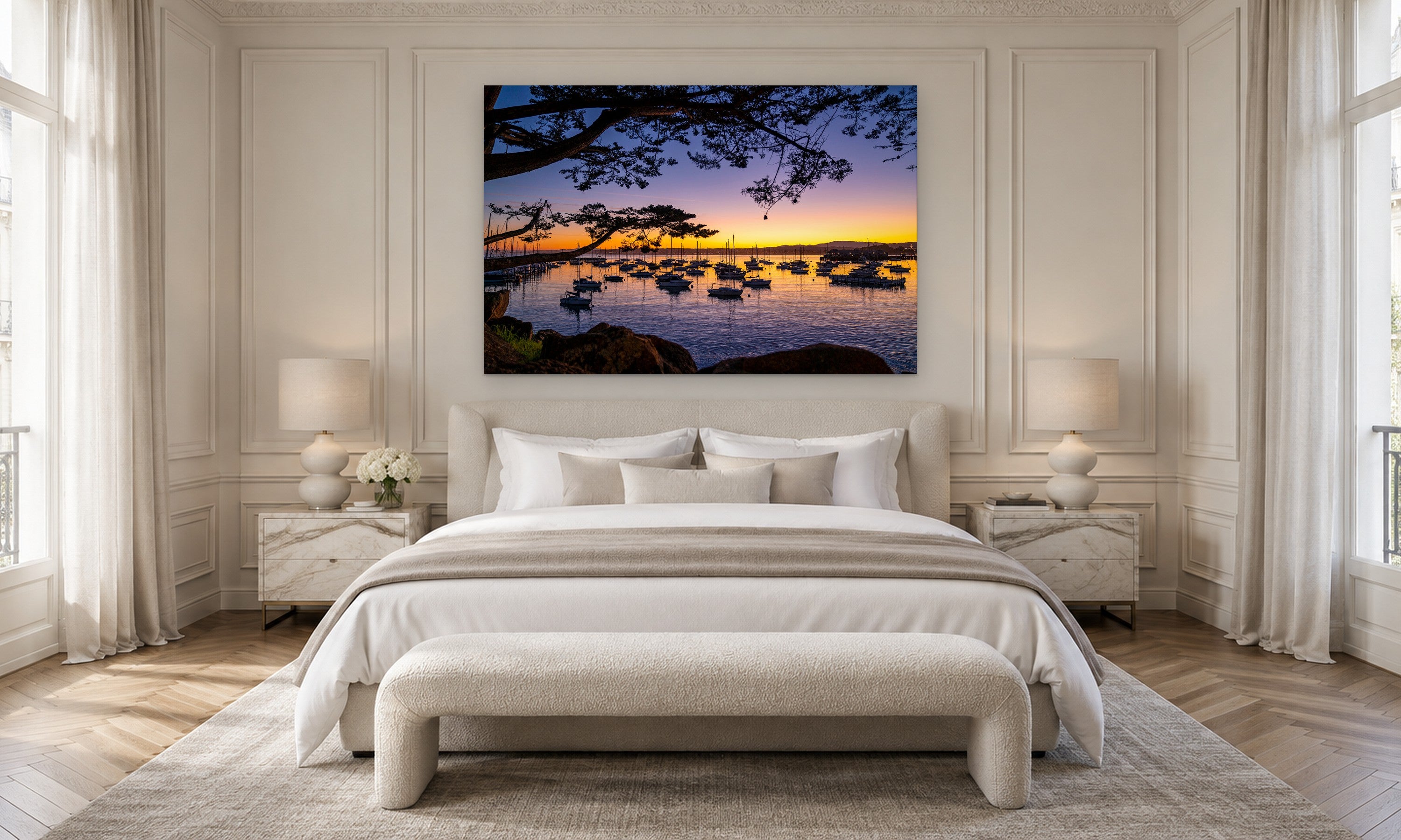 Boats Sunrise by Aaron Chang, shown in a Parisian bedroom