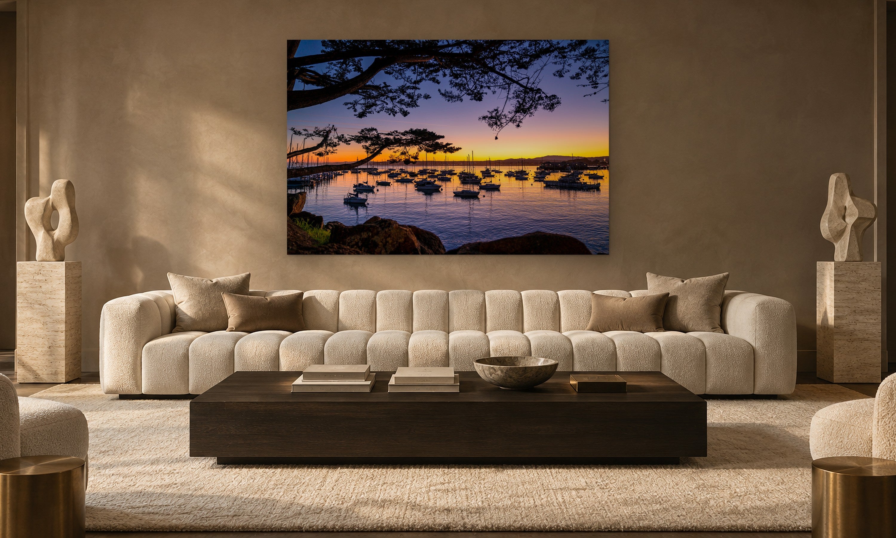 Boats Sunrise by Aaron Chang, shown in a modern lounge