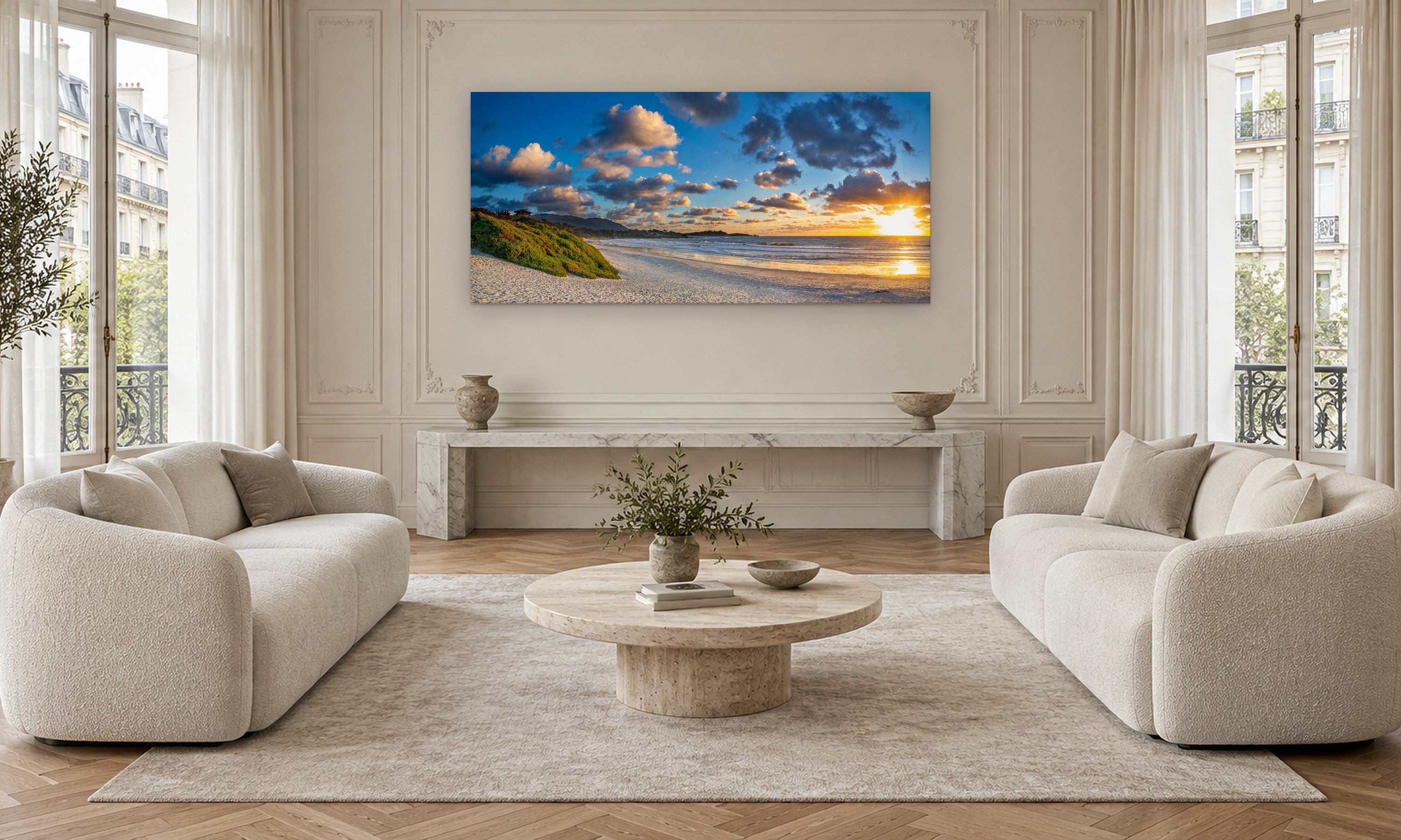 Carmel Beach Beauty by Aaron Chang, shown in a Parisian sitting room