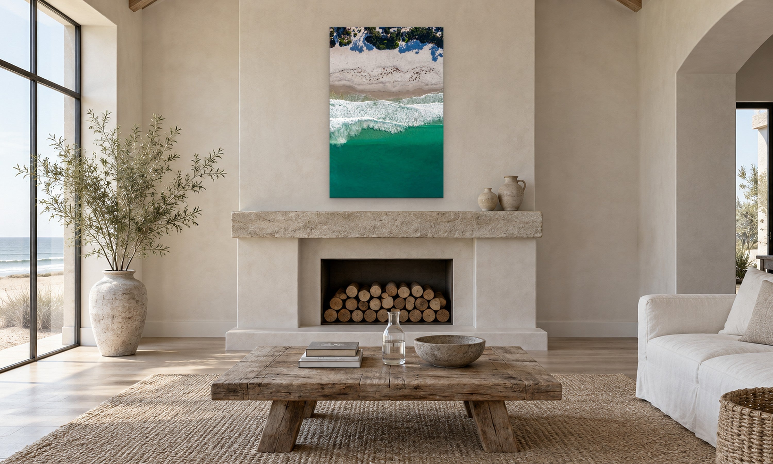 Carmel Morning by Aaron Chang, shown in a coastal living room with a fireplace