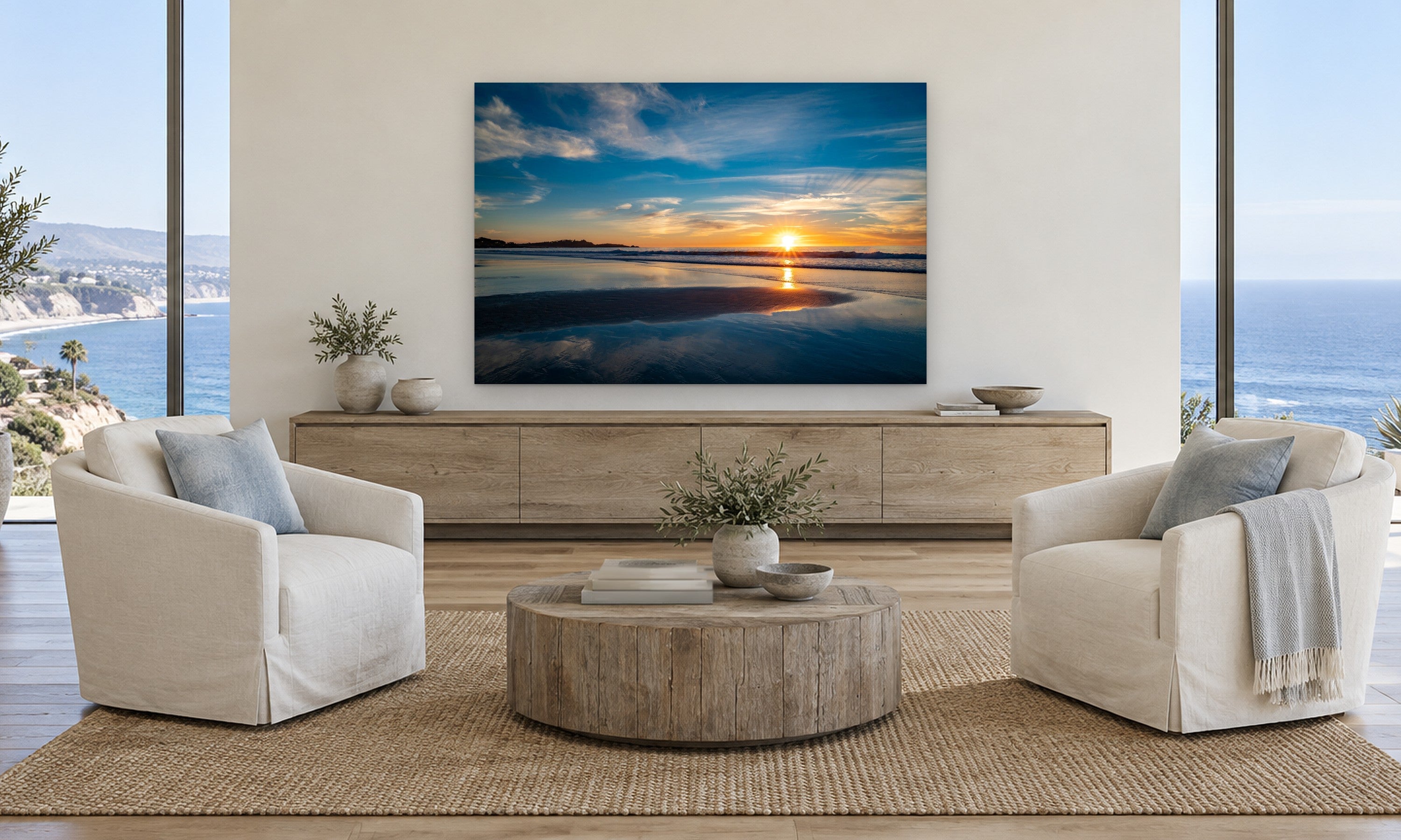 Carmel Beach Sunset by Aaron Chang, shown in a coastal family room