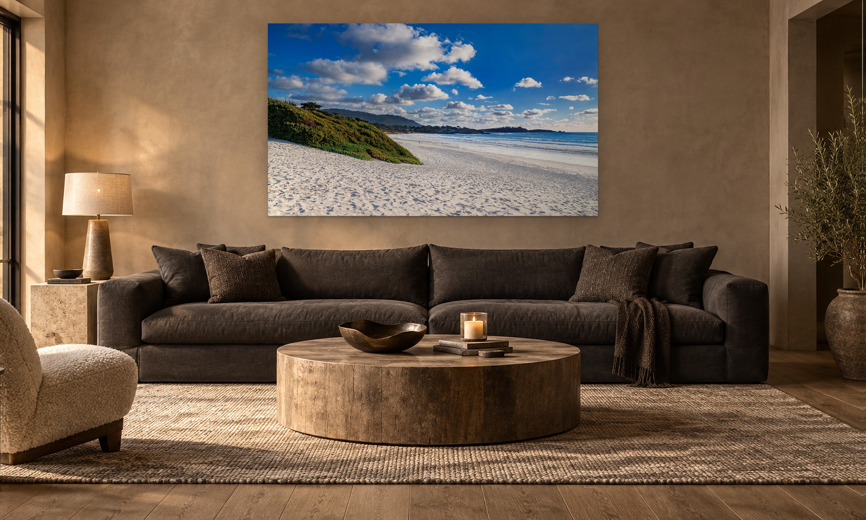 Carmel White Sands by Aaron Chang, shown in a warm modern living room