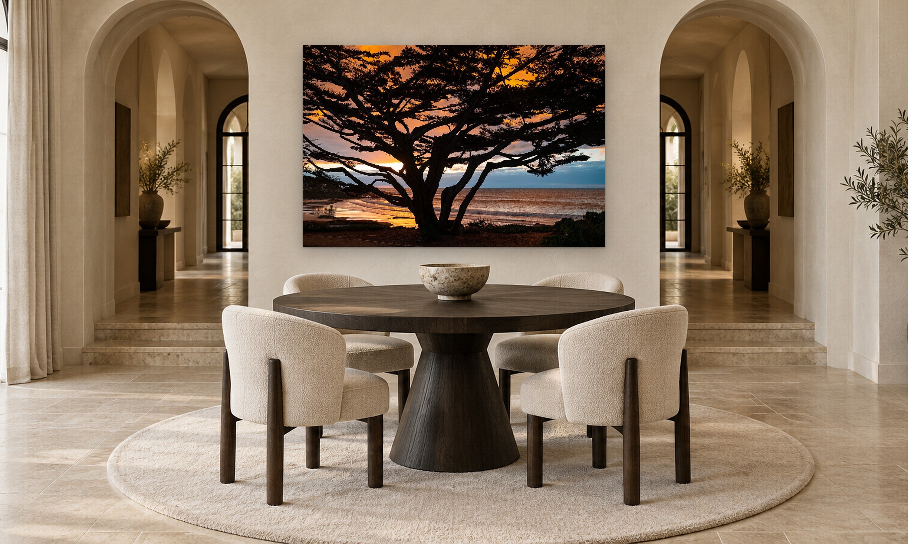 Cypress Tree Sunset by Aaron Chang, shown in an arched dining room
