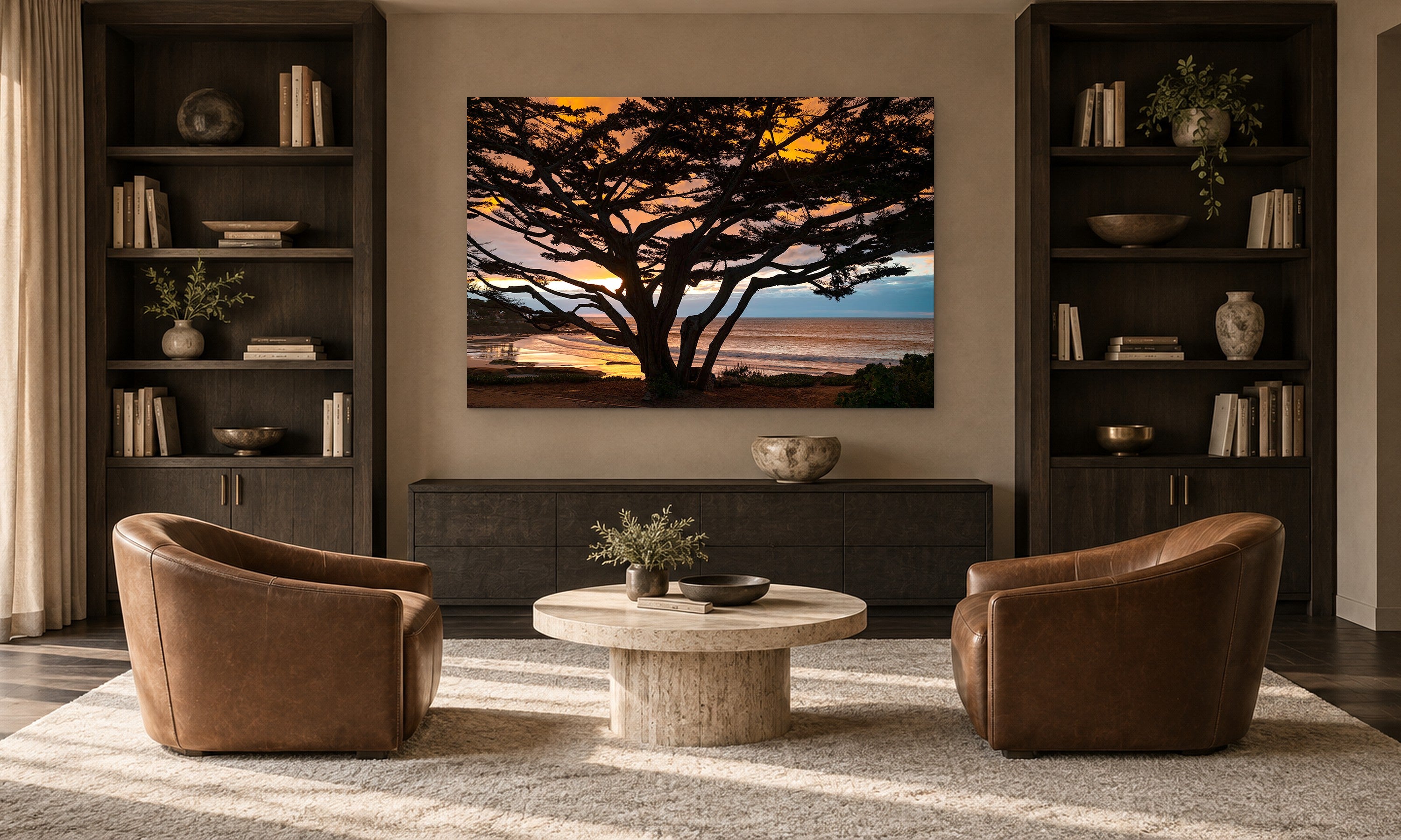 Cypress Tree Sunset by Aaron Chang, shown in a library