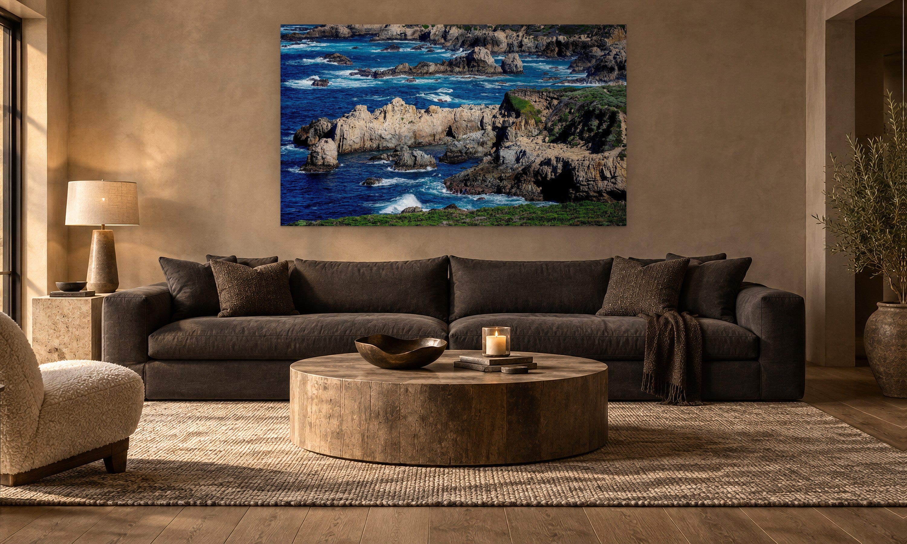 Garrapata Lookout by Aaron Chang, shown in a warm modern living room