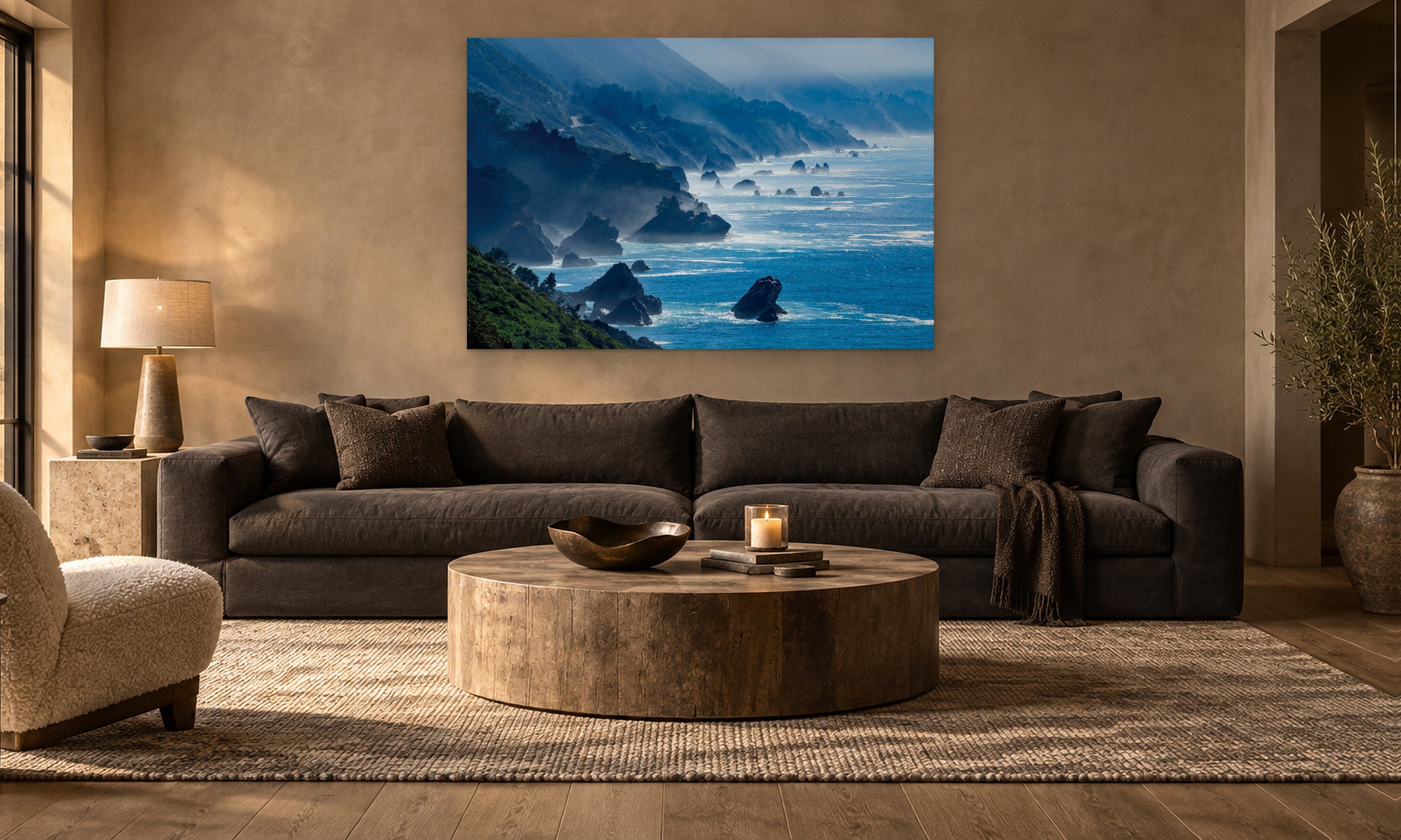 Jagged Coast by Aaron Chang, shown in a warm modern living room