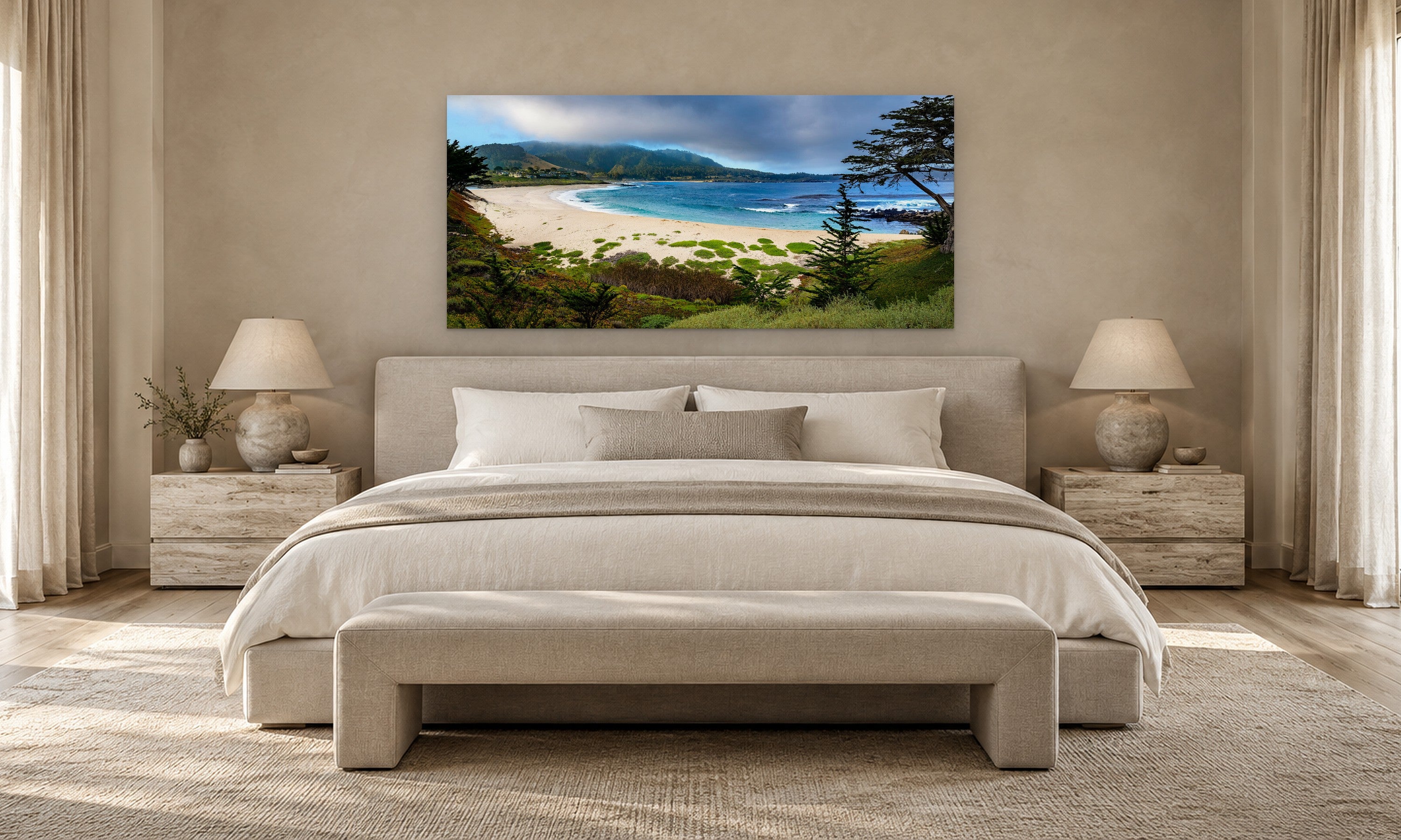 River Beach Sanctuary by Aaron Chang, shown in a serene bedroom