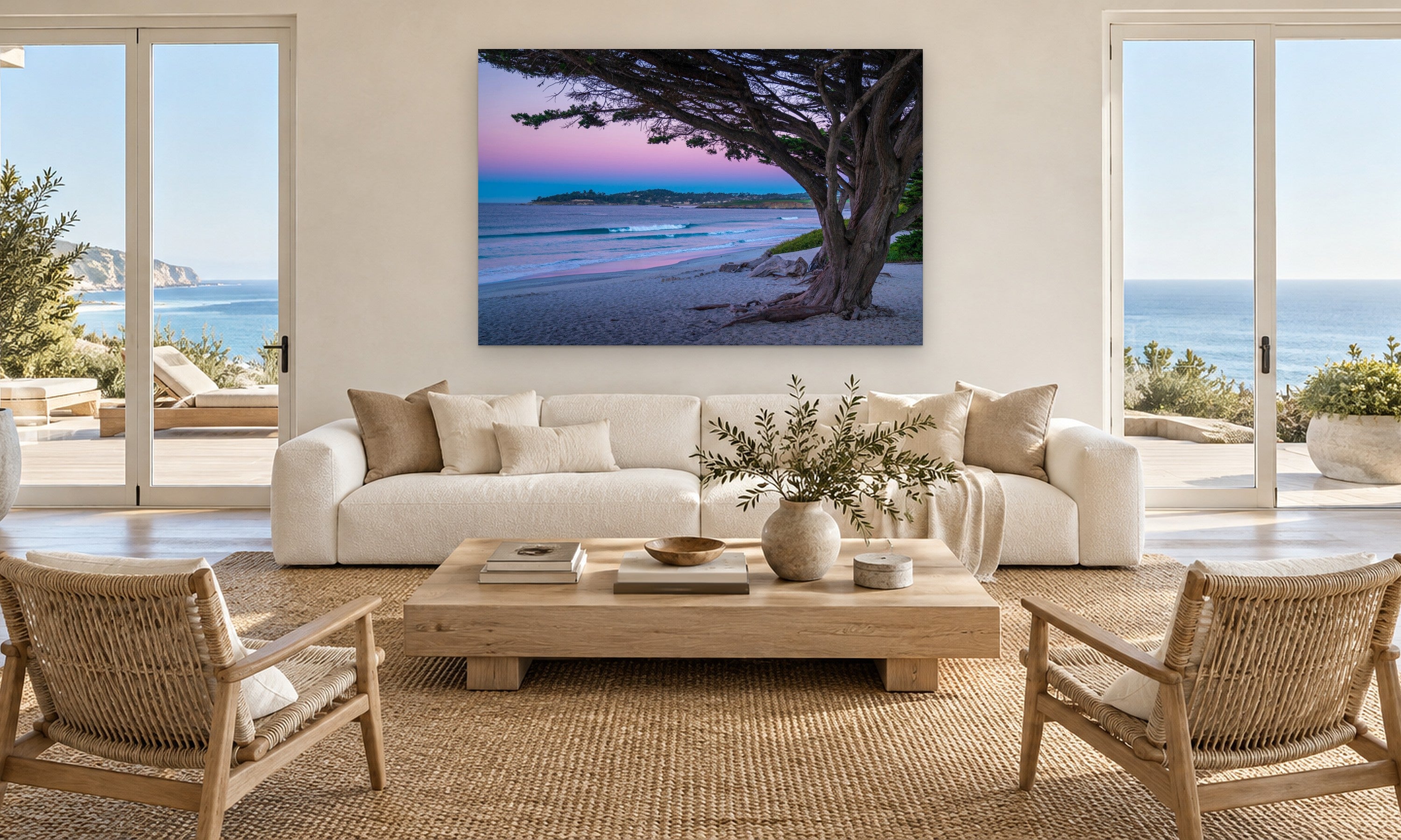 Sunrise Carmel Beach by Aaron Chang, shown in an ocean-view great room