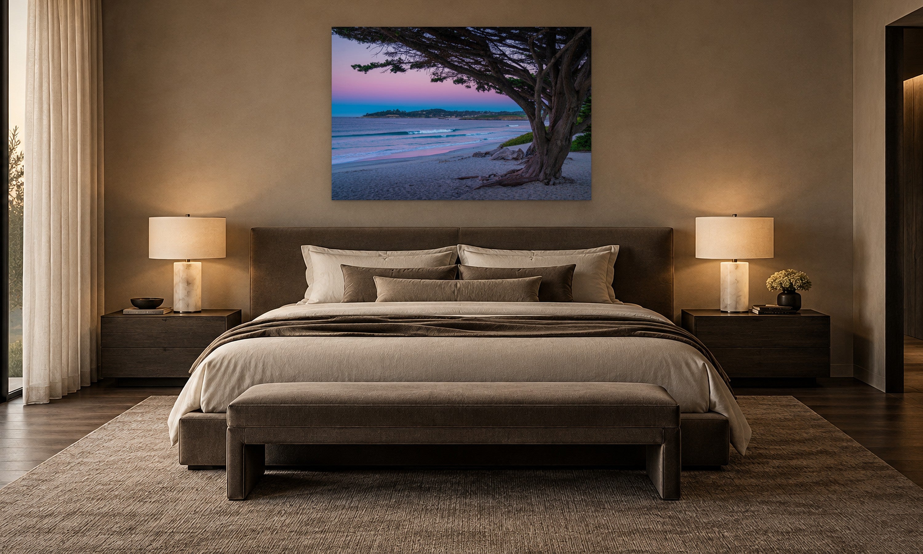 Sunrise Carmel Beach by Aaron Chang, shown in an elegant bedroom