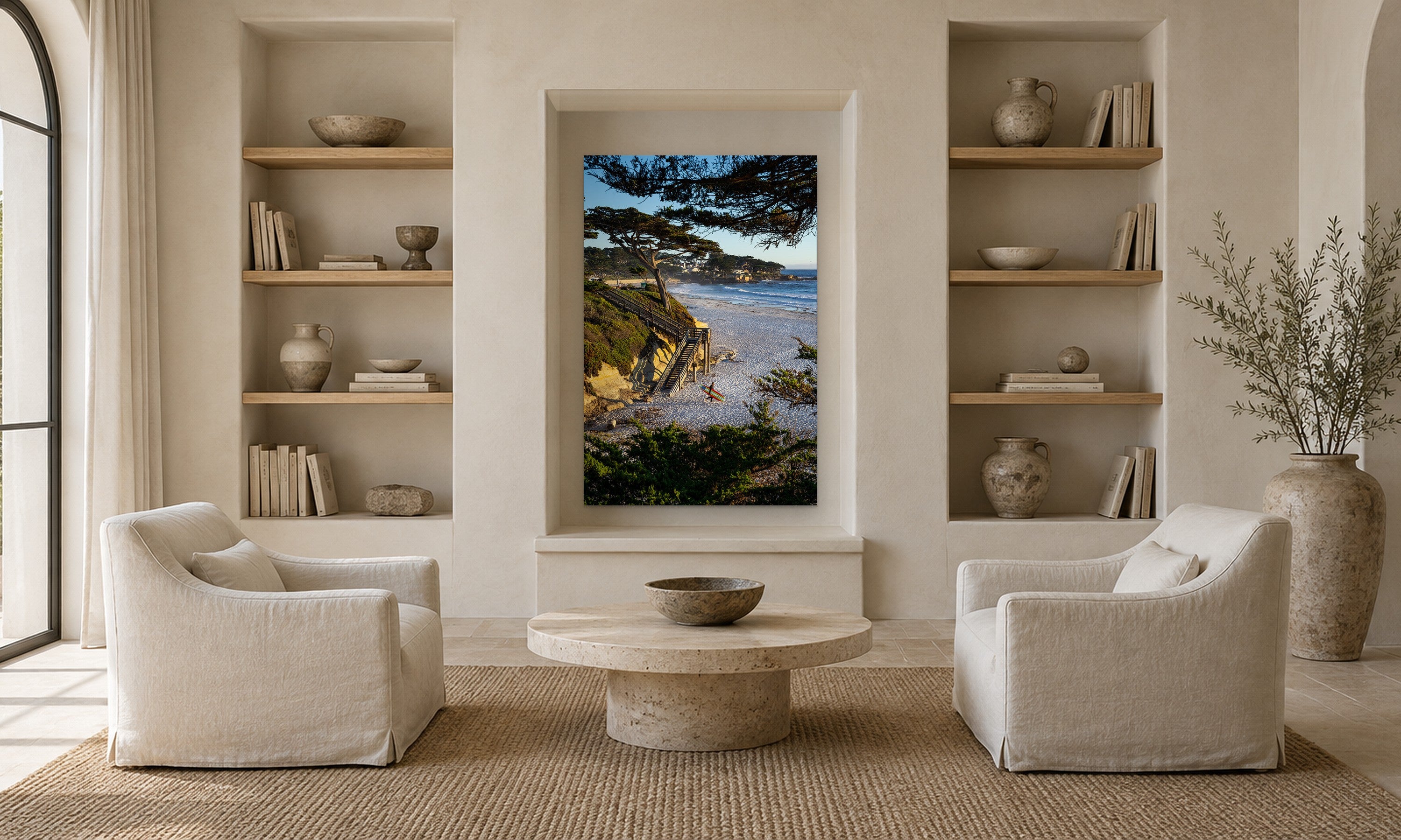Surf Session by Aaron Chang, shown in a living room with a plaster niche