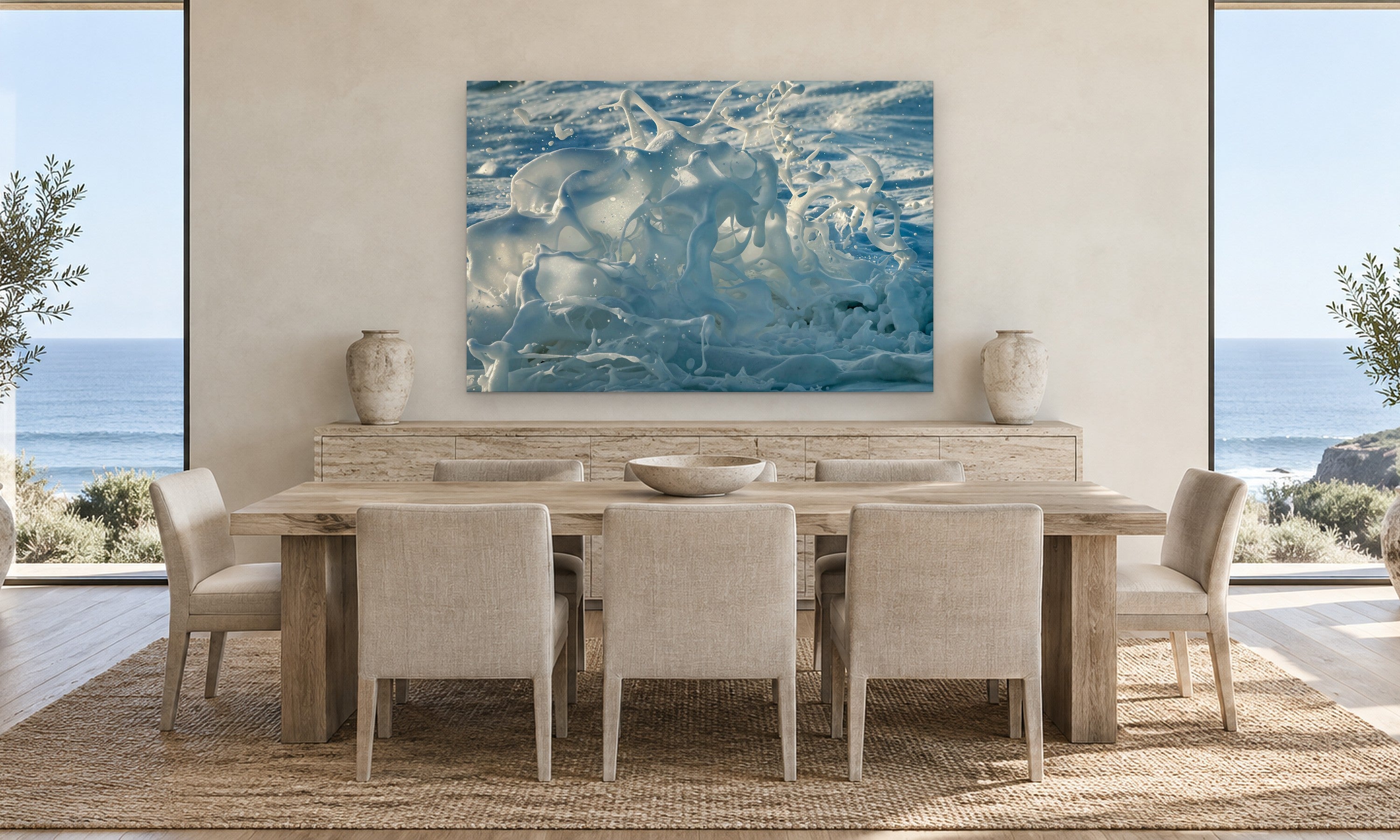White Water Horses by Aaron Chang, shown in a coastal dining room