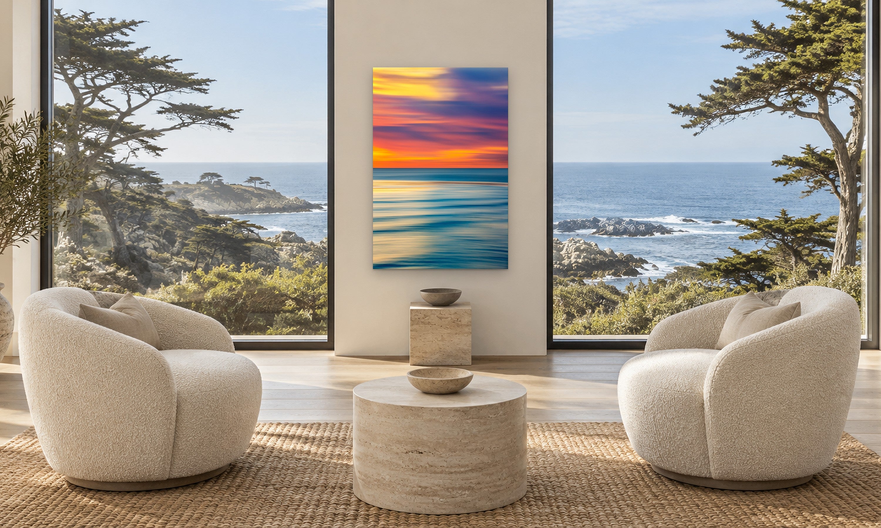 Pastel Swell by Aaron Chang, shown in a living room with ocean windows