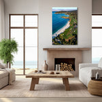 Coastal Links by Aaron Chang shown above a living room mantel