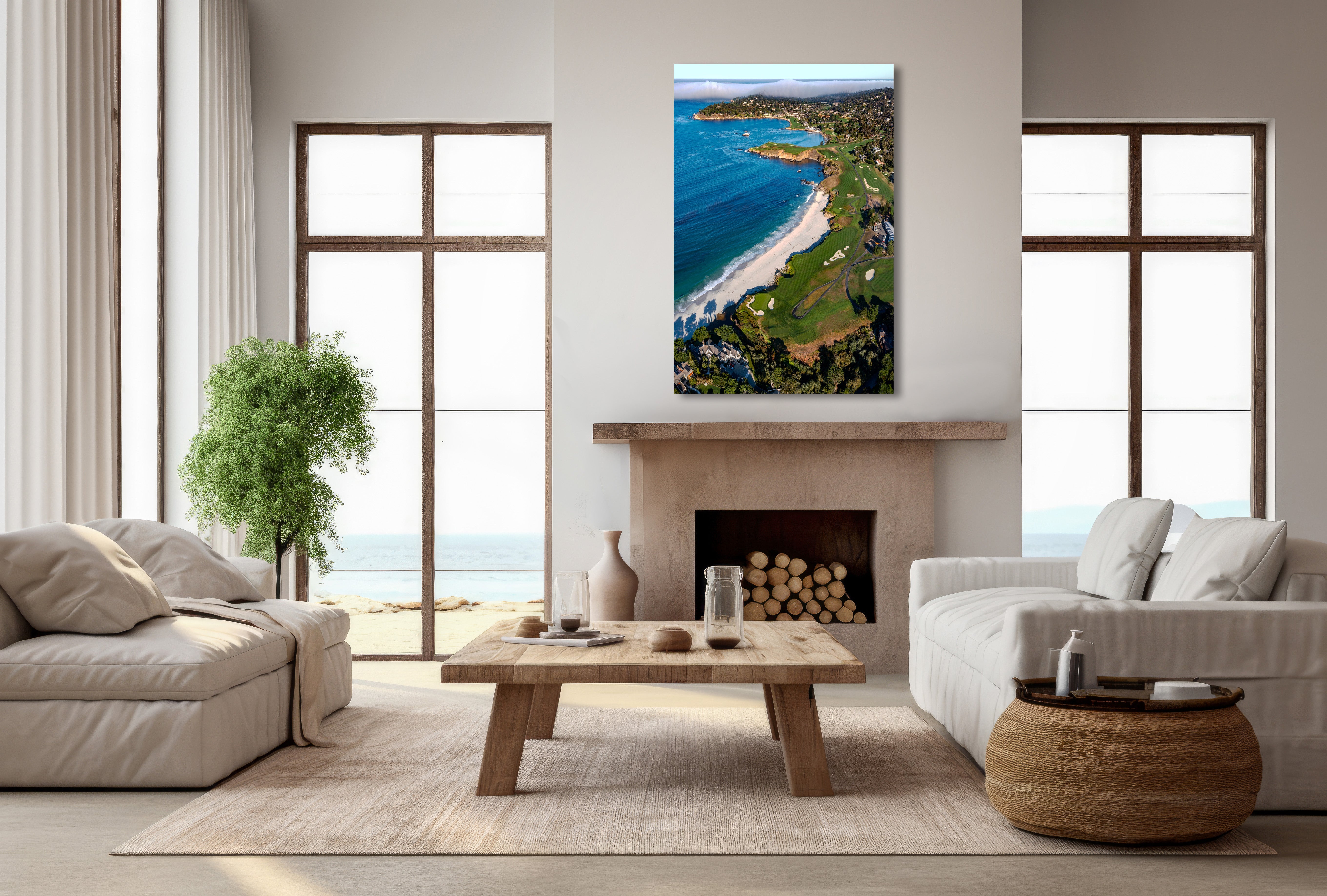 Coastal Links by Aaron Chang shown above a living room mantel