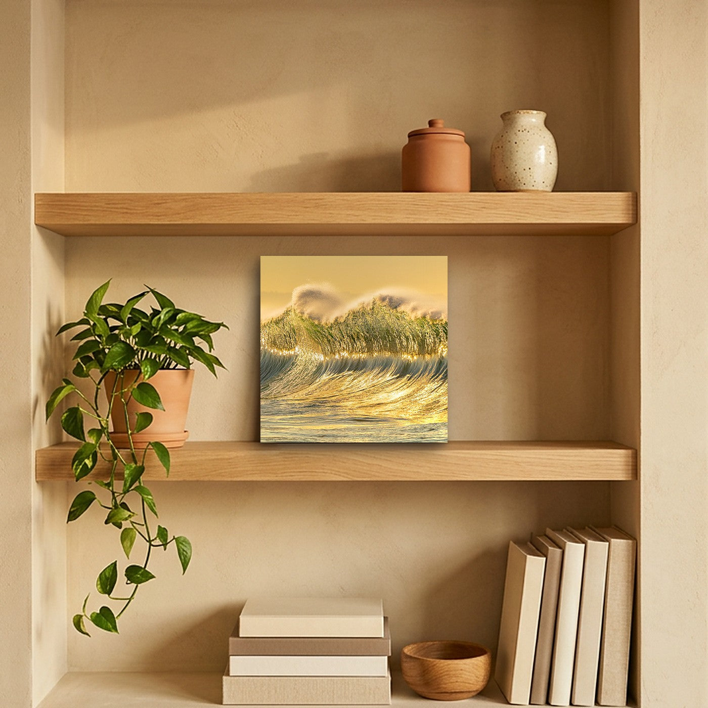 Glimmer 12" x 12" wall art in an oak shelf niche
