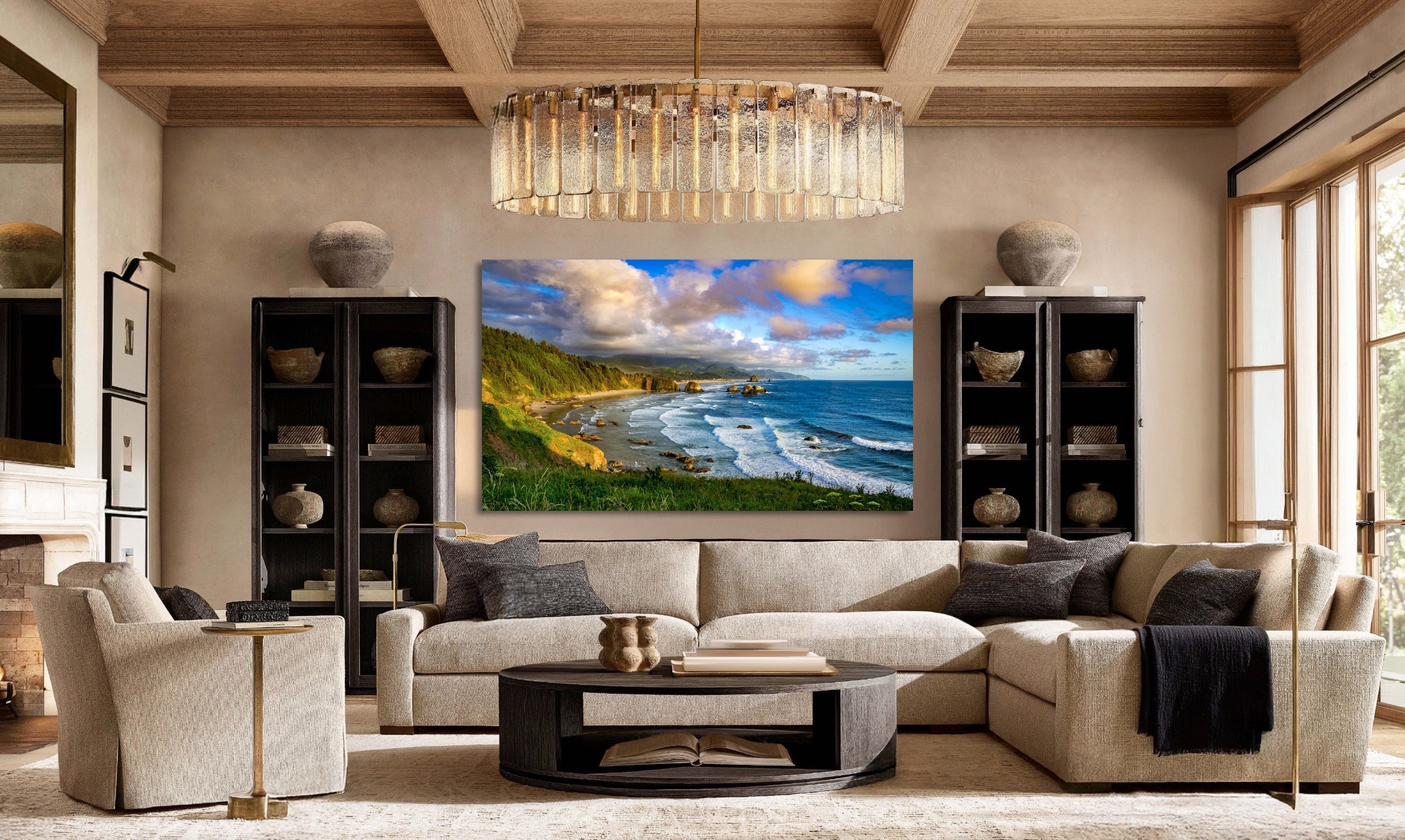 The Offering by Aaron Chang, shown in a living room with a chandelier