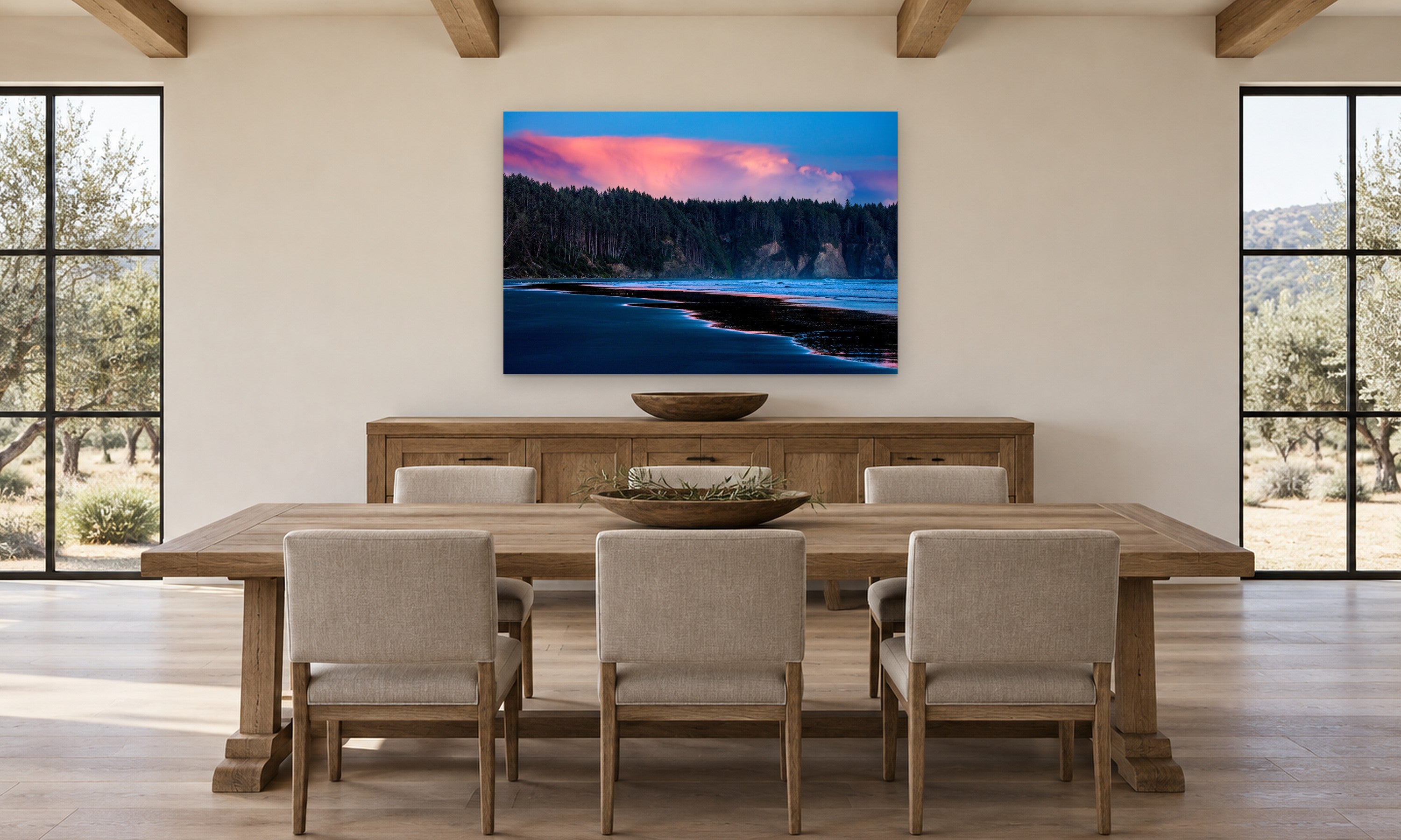 Second Beach Sunset by Aaron Chang, shown in a farmhouse dining room