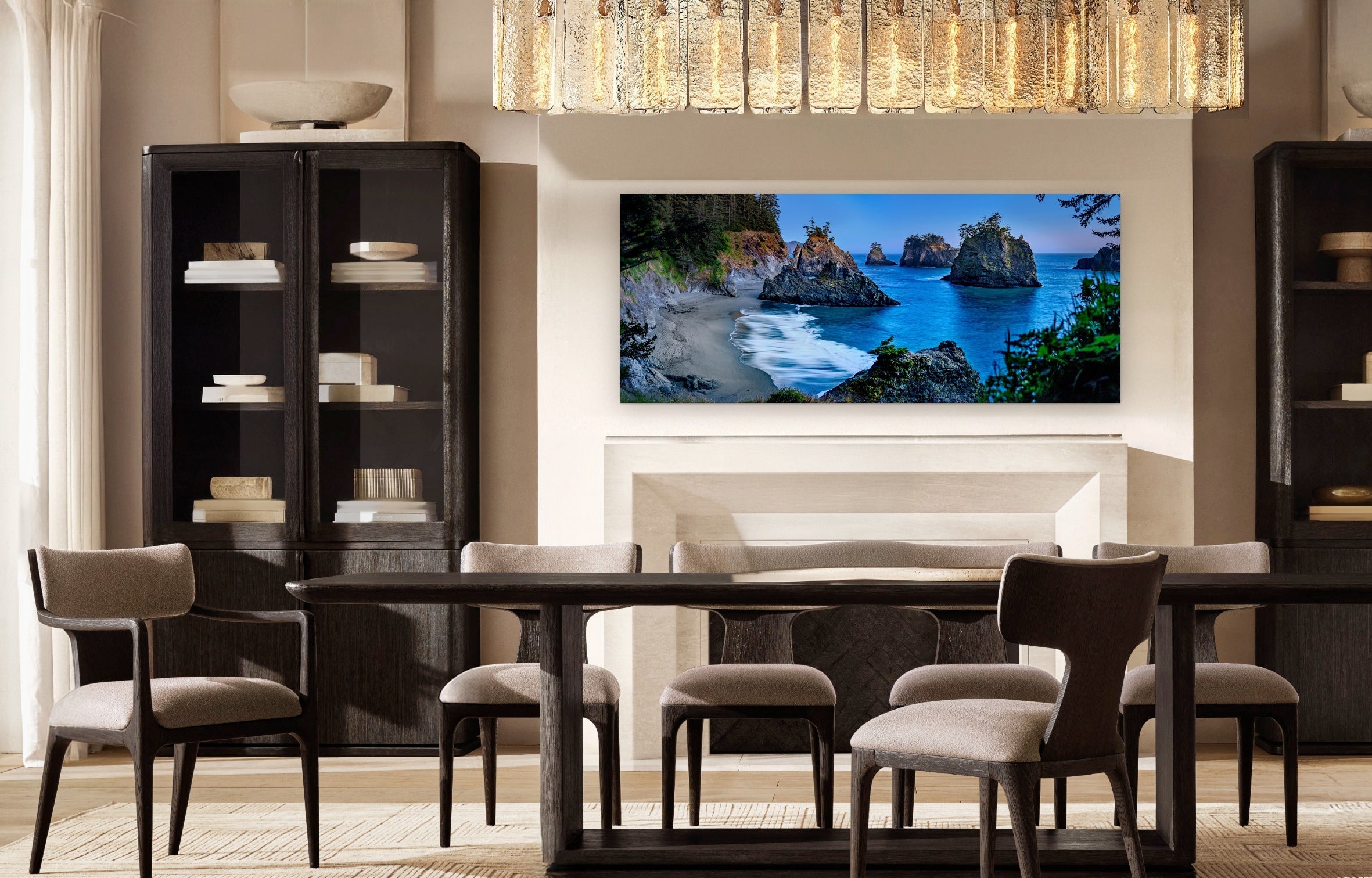 Secret Beach Night Pano by Aaron Chang, shown in a dining room