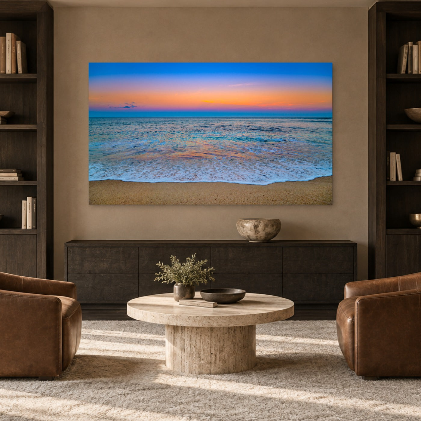 Pastel Beach by Aaron Chang in a library with leather chairs