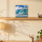 Pure Power 12" x 12" wall art on a shelf above an oak desk
