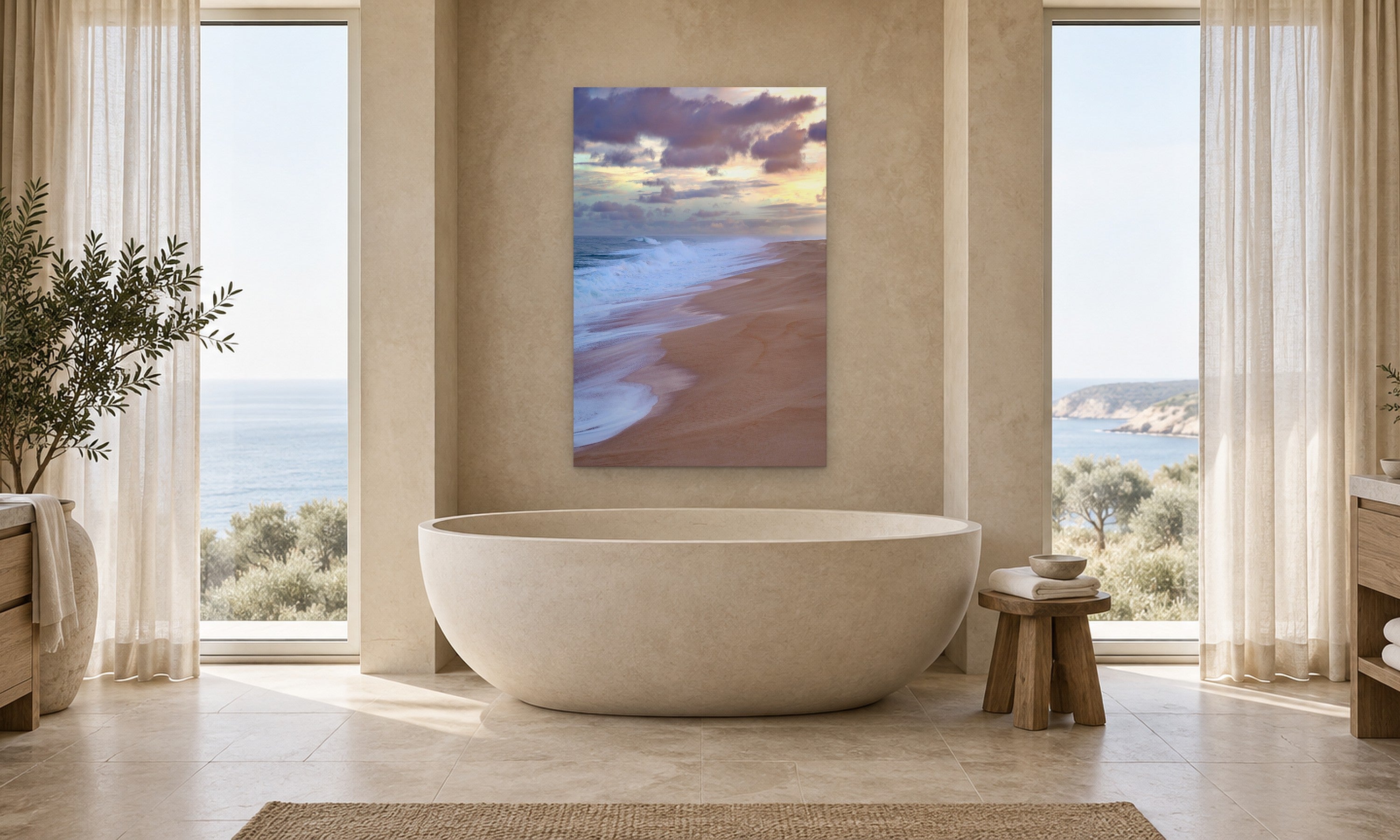 Beach Sand Vertical by Aaron Chang, shown in a spa bathroom