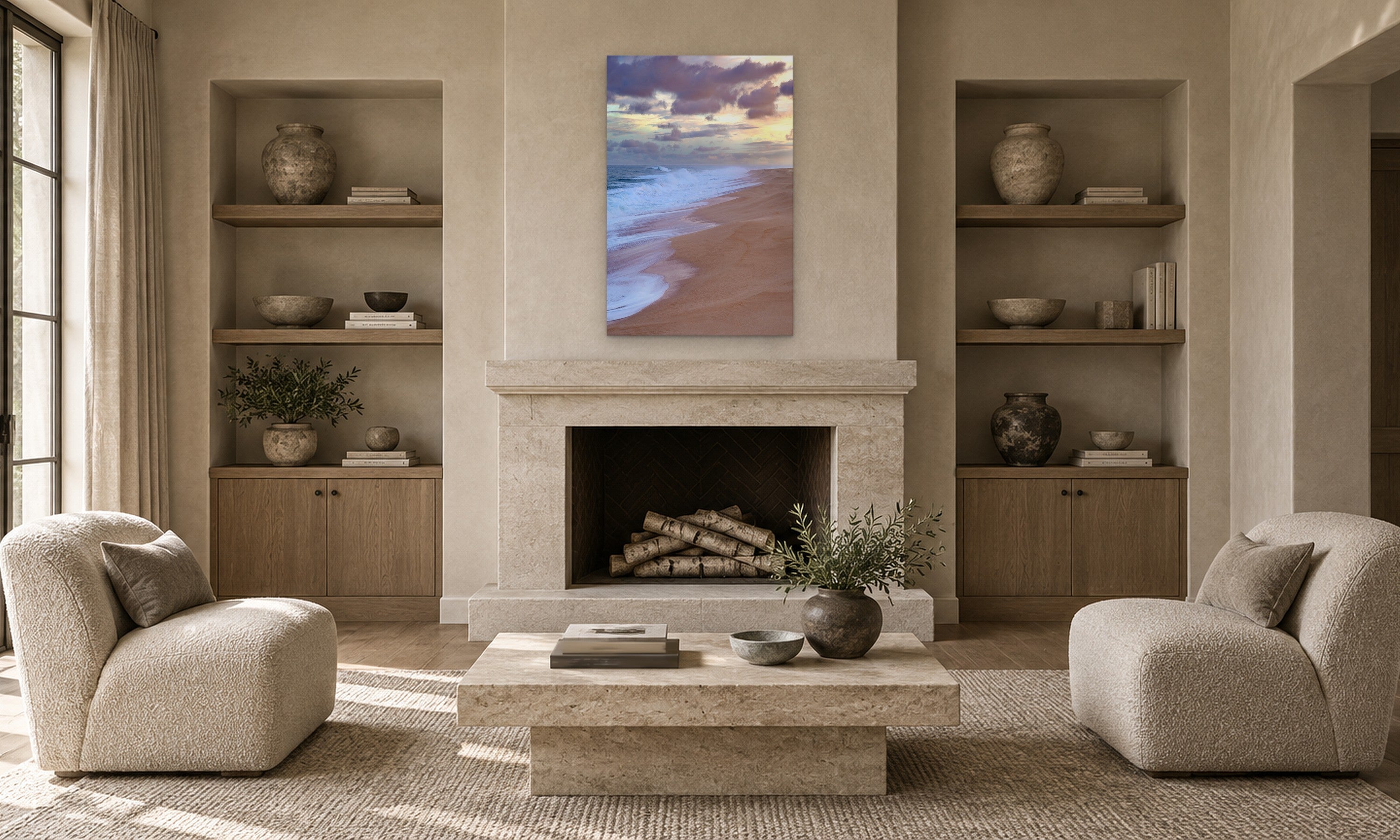 Beach Sand Vertical by Aaron Chang, shown in a living room with a stone fireplace