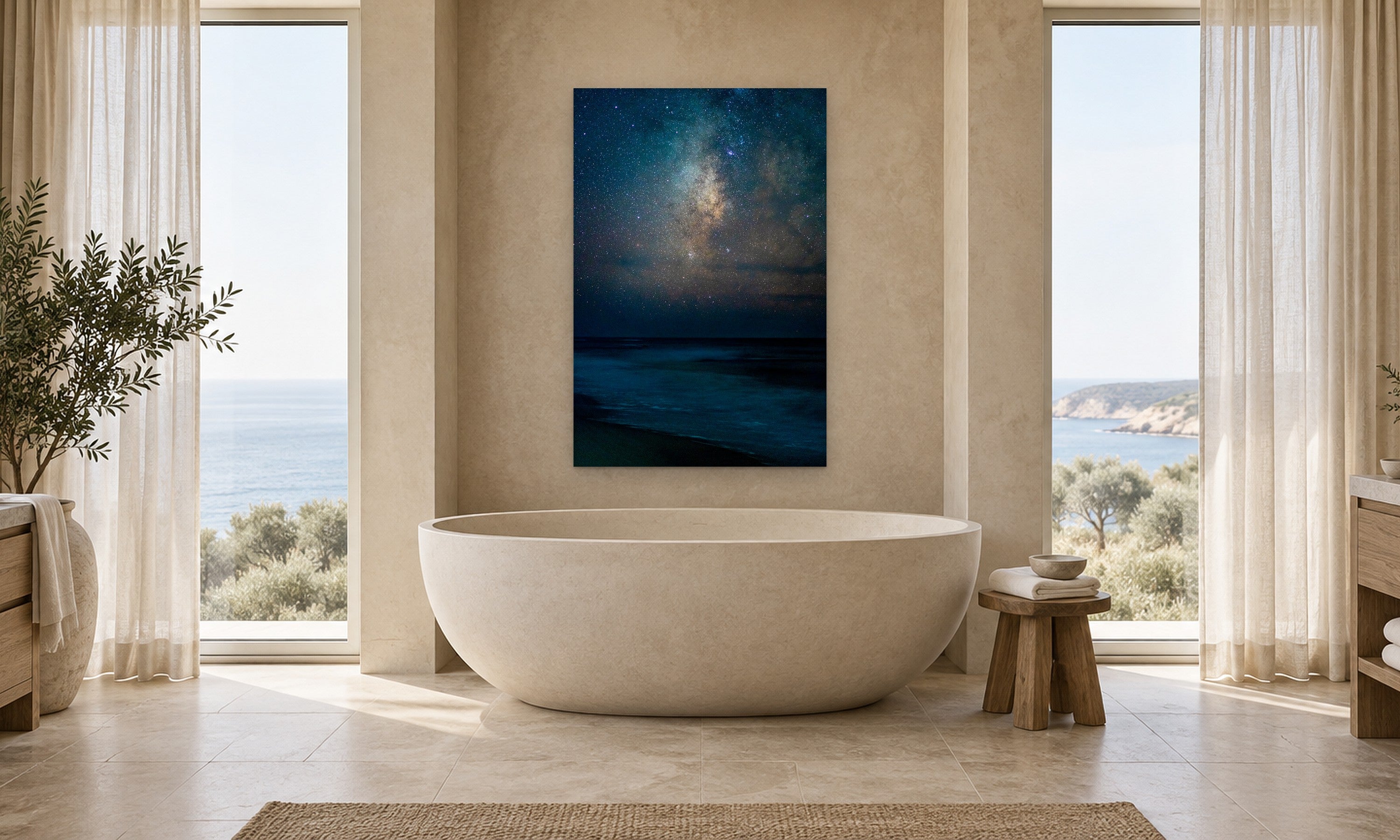 Big Sur Starry Night by Aaron Chang, shown in a spa bathroom