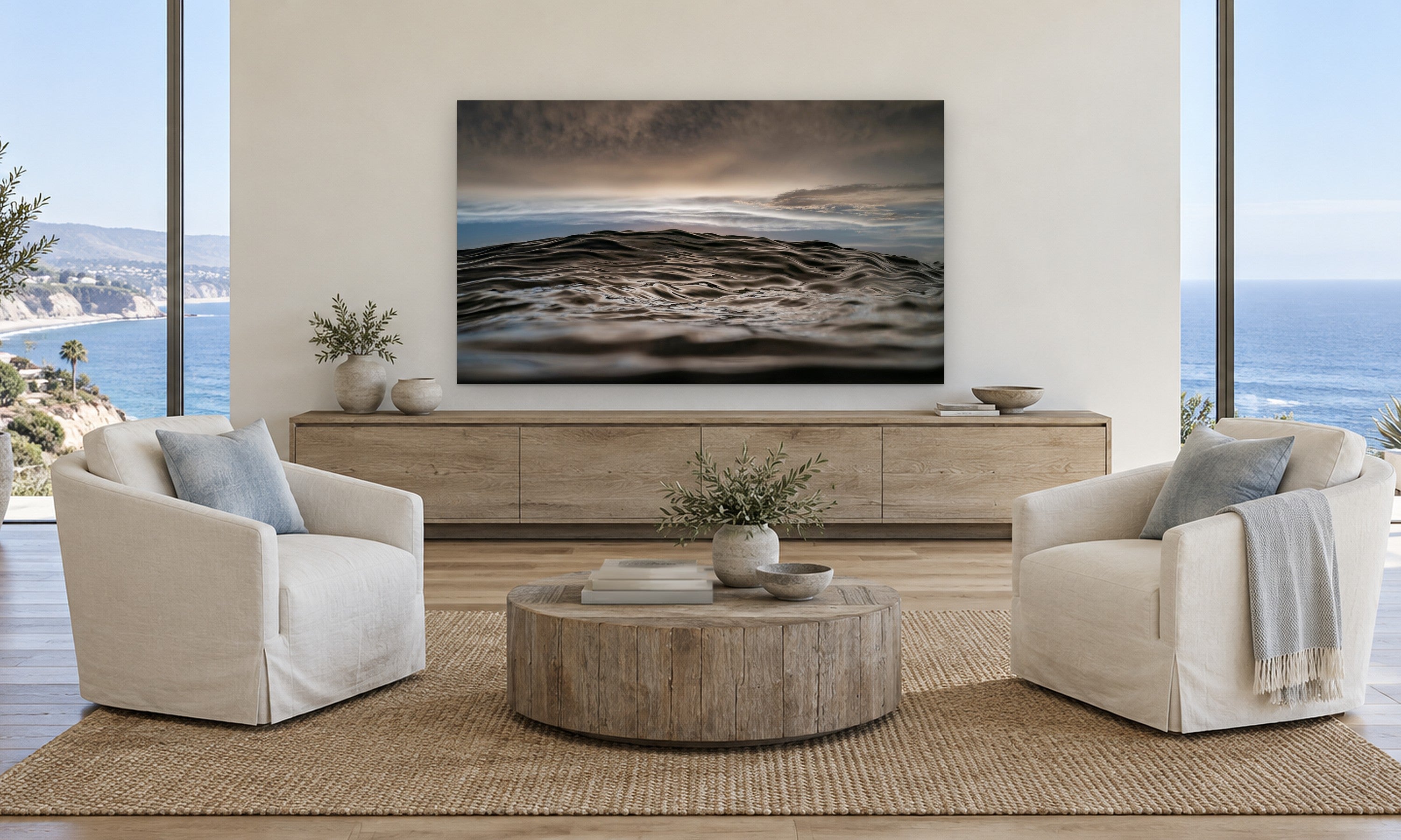 Black Swan by Aaron Chang, shown in a coastal family room