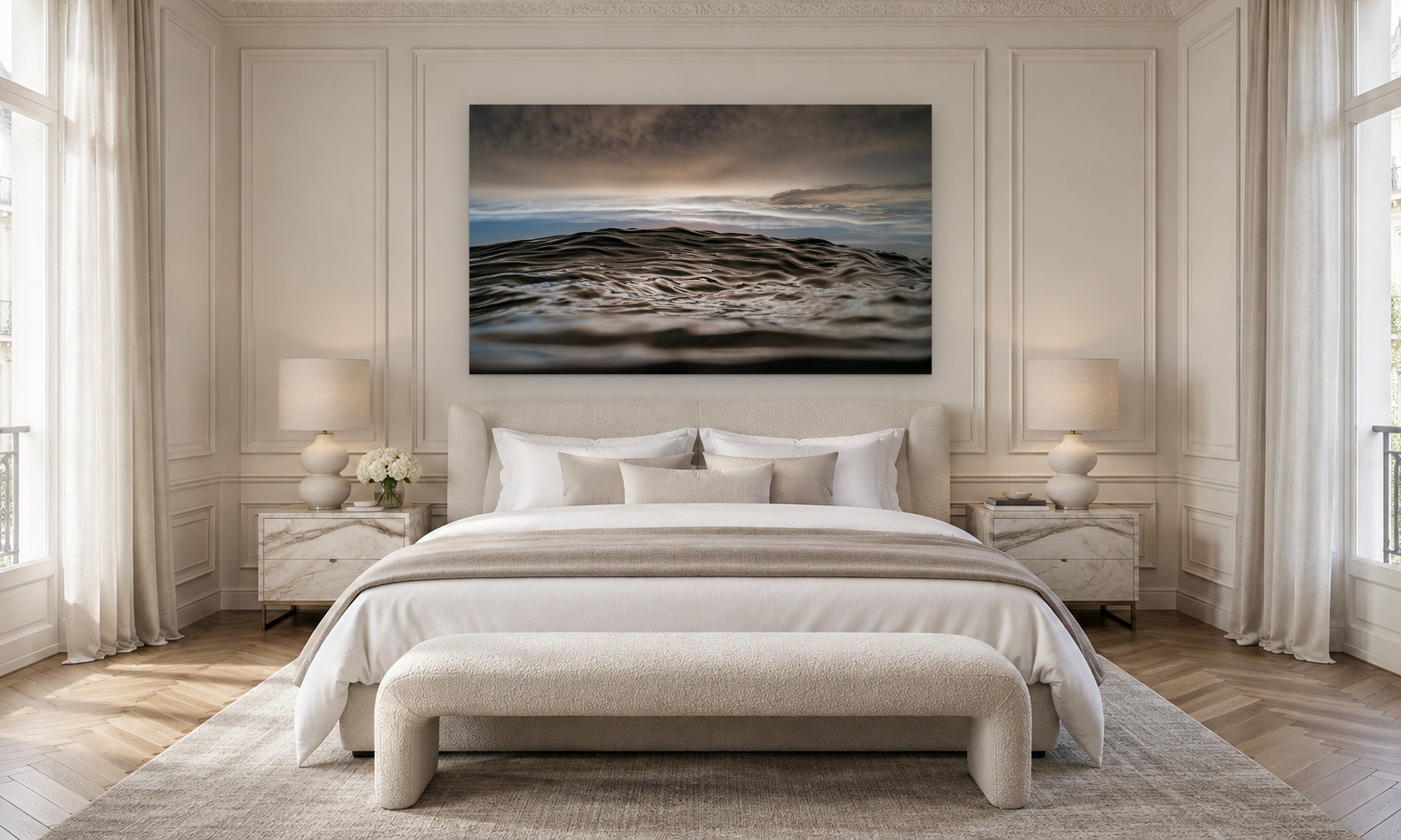 Black Swan by Aaron Chang, shown in a Parisian bedroom
