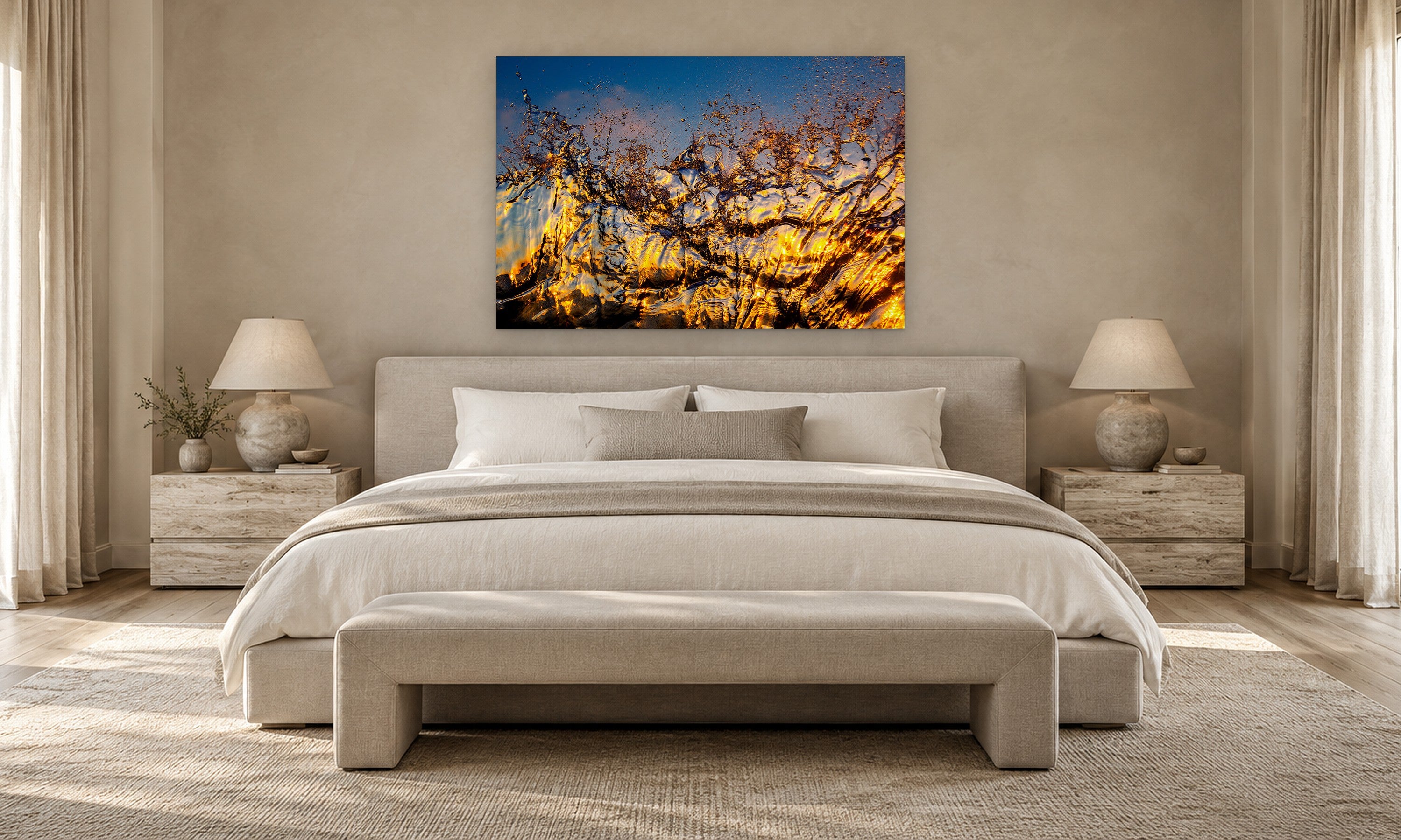 Coral Water by Aaron Chang, shown in a serene bedroom