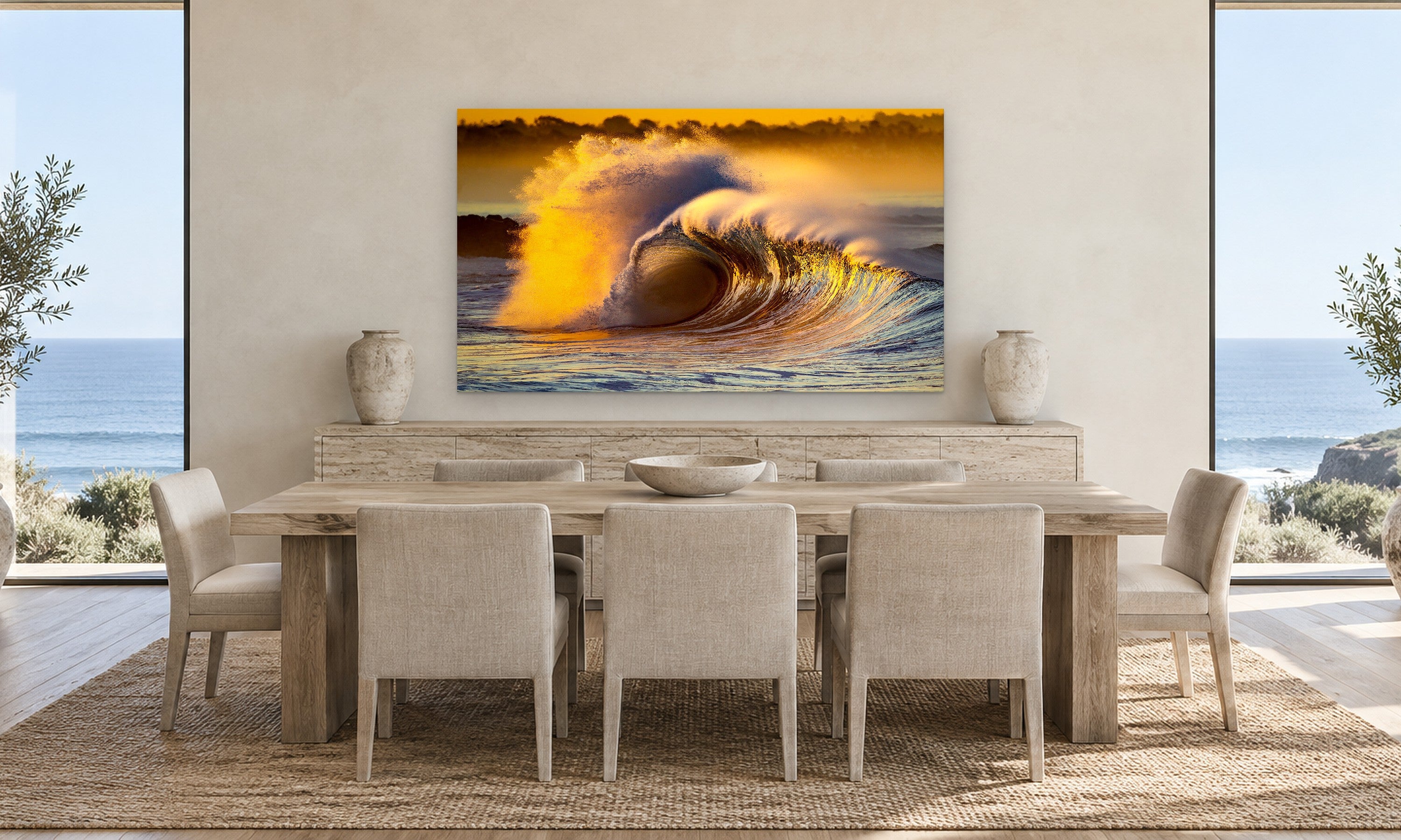 Golden Sunrise by Aaron Chang, shown in a coastal dining room