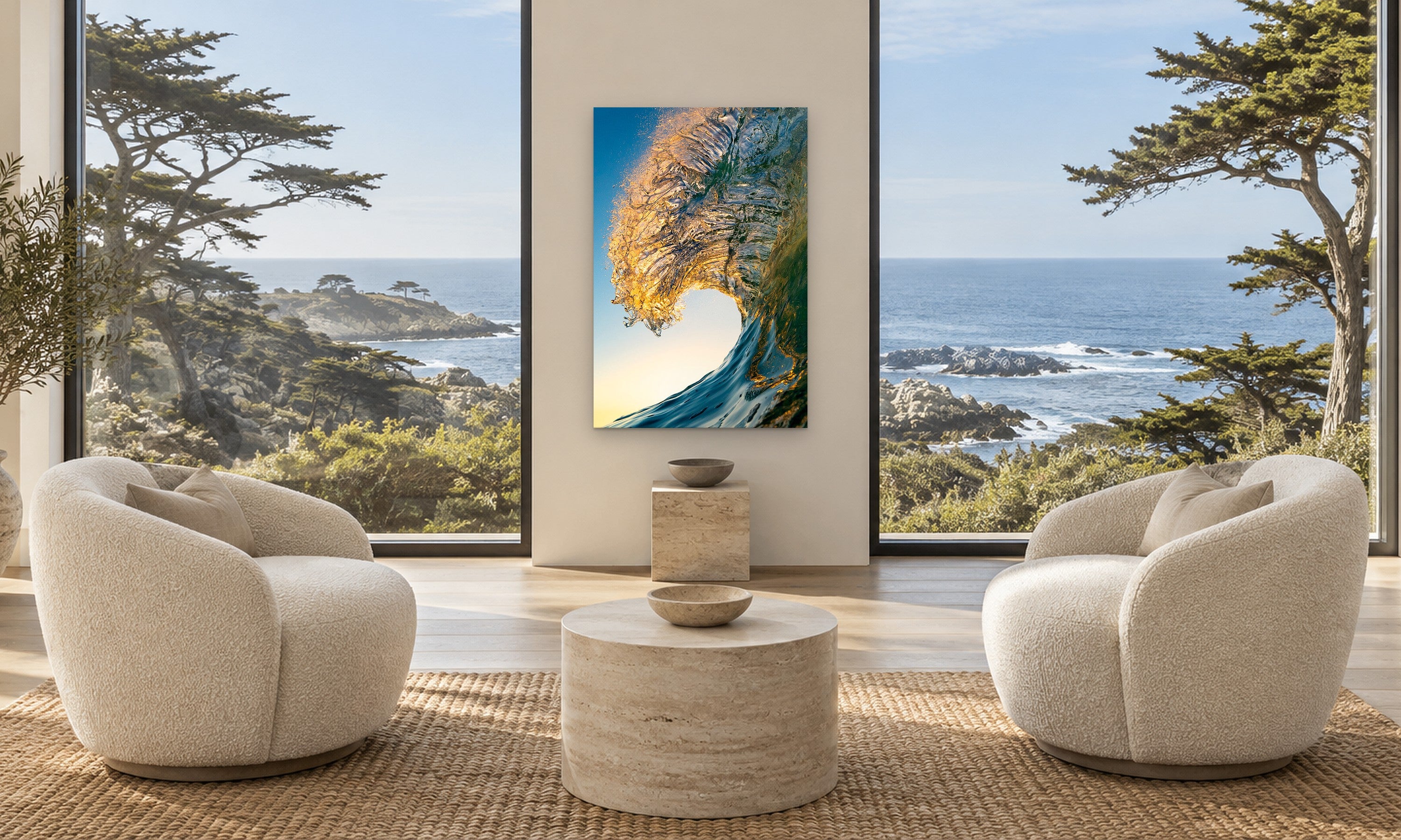 Lion's Mane by Aaron Chang, shown in a living room with ocean windows