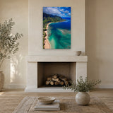 Sea & Sky by Aaron Chang, shown in a beach-house living room with a fireplace