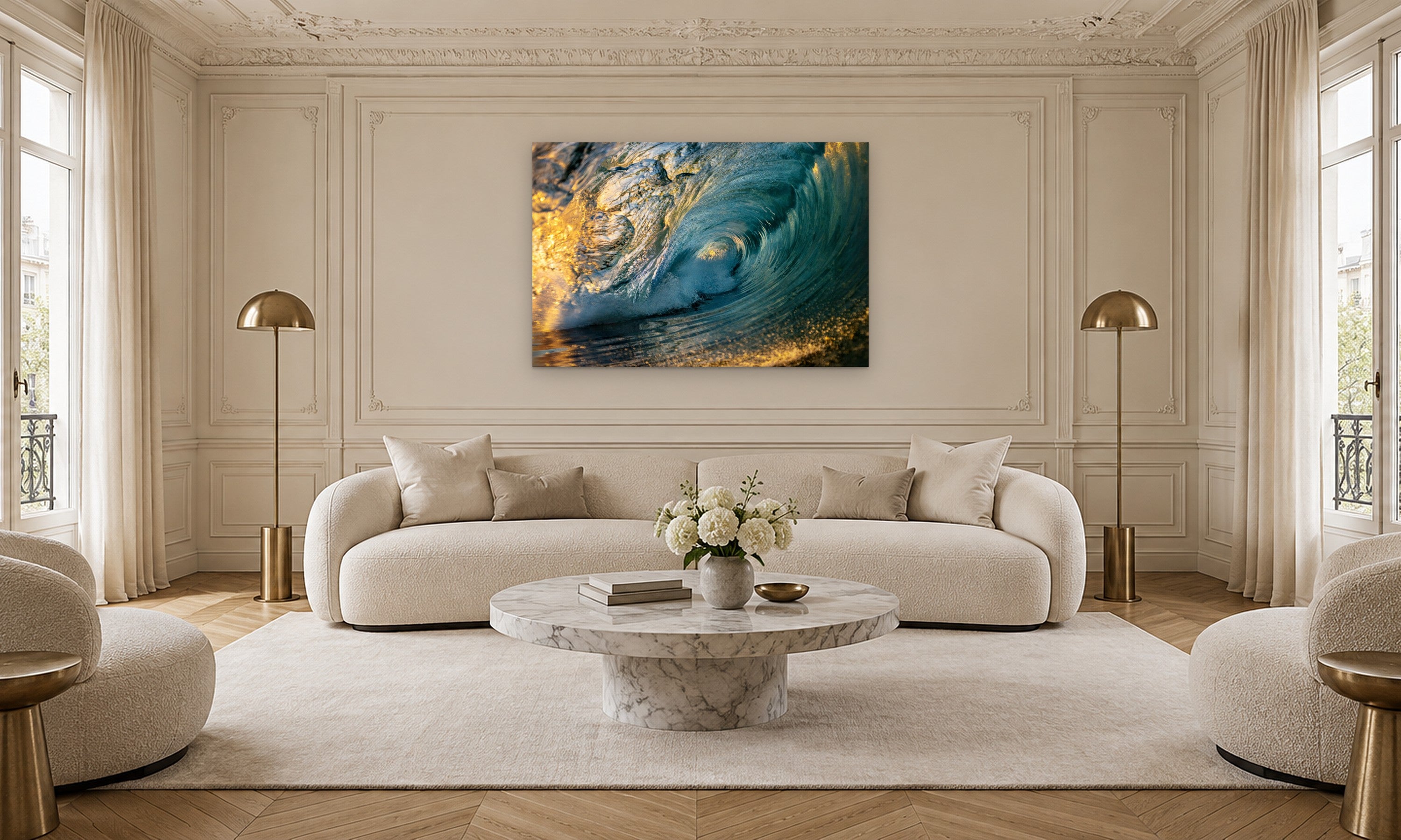 Sunrise Shorebreak by Aaron Chang, shown in a Parisian living room