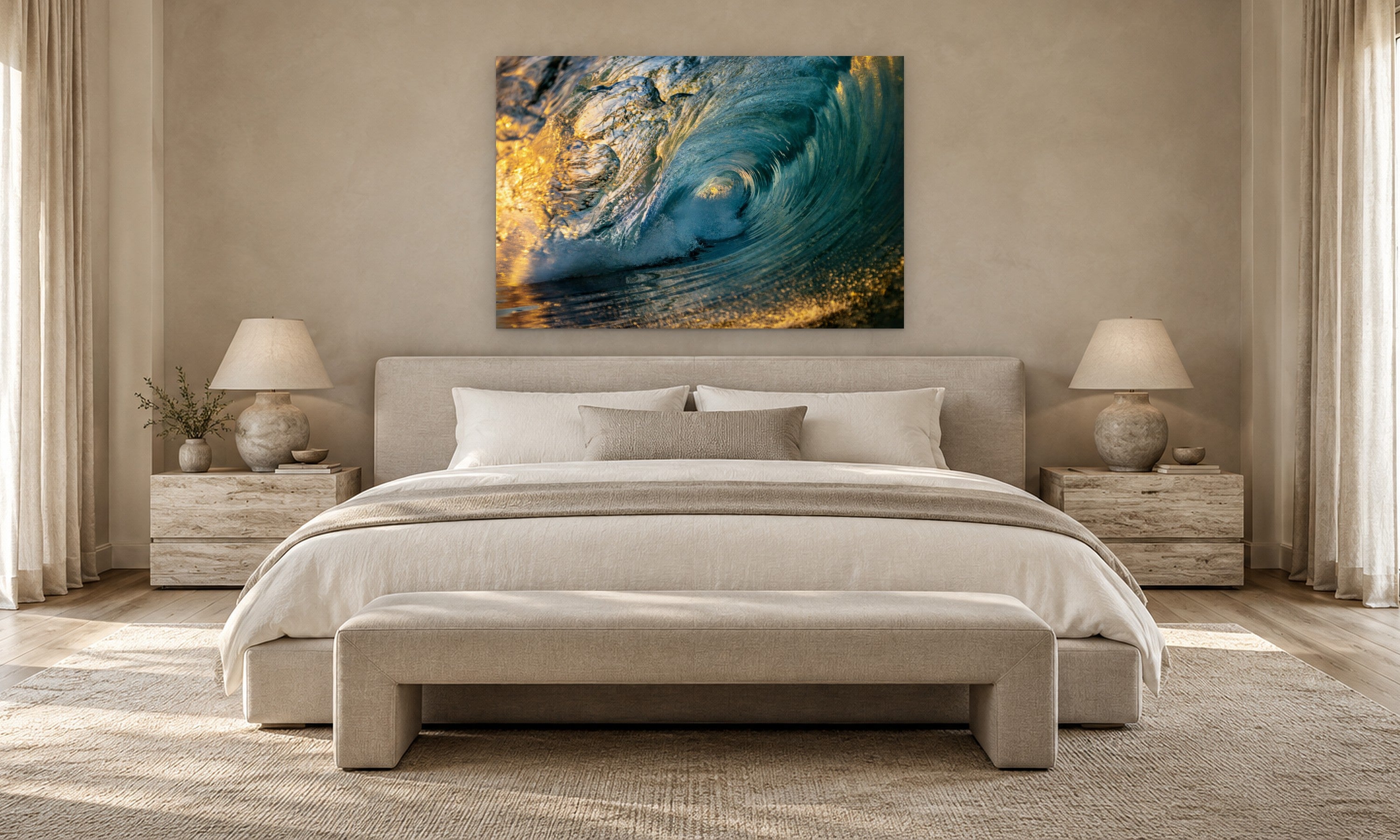Sunrise Shorebreak by Aaron Chang, shown in a serene bedroom
