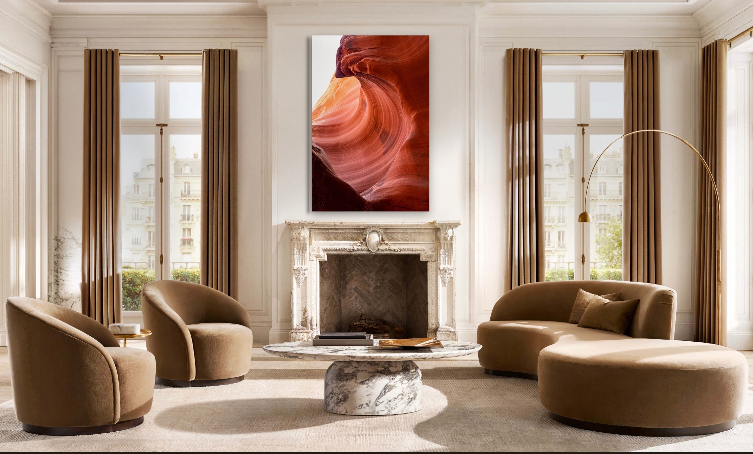 Stone Wave by Aaron Chang, shown in a living room with a marble fireplace