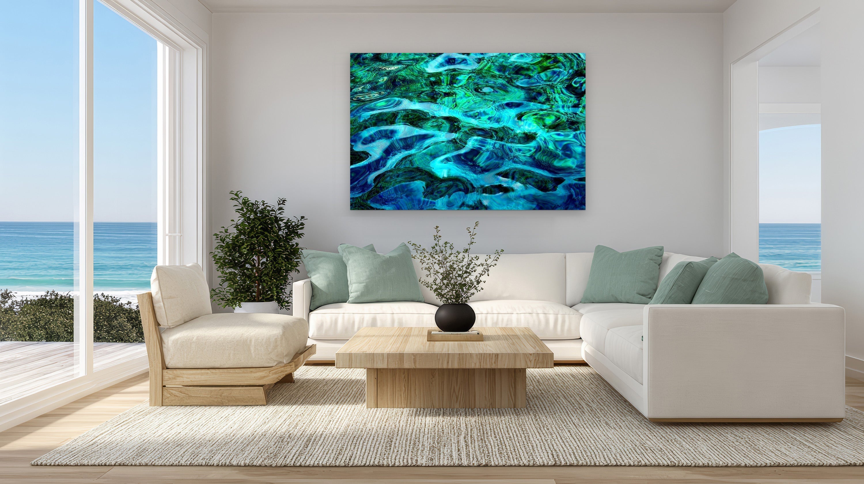 Tonga Water Single (Horizontal) by Aaron Chang, shown in an ocean-view living room